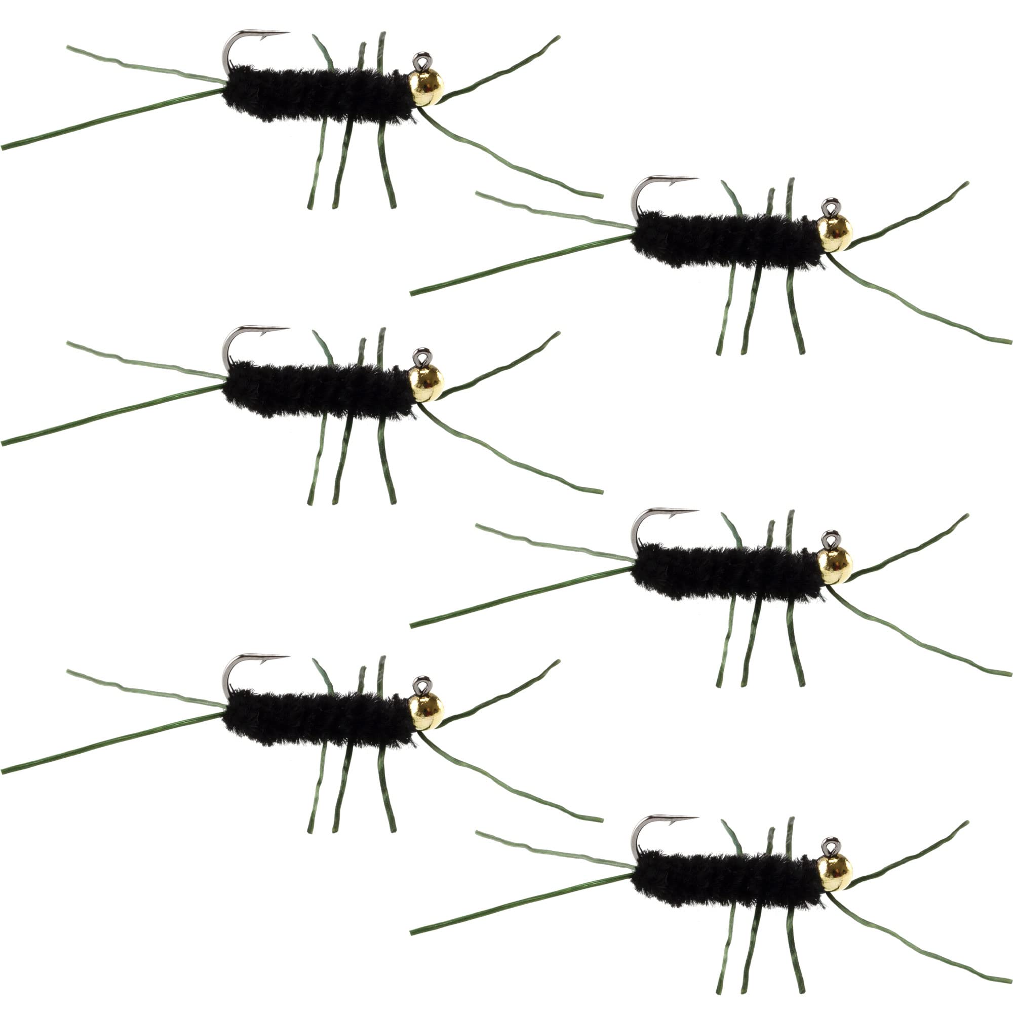 The Fly Fishing Place Tungsten Bead Jigged Pat's Rubber Legs Nymph Fly Fishing Flies - Black with Olive Legs - Trout and Bass Wet Fly Pattern - 6 Flies Hook Size 10