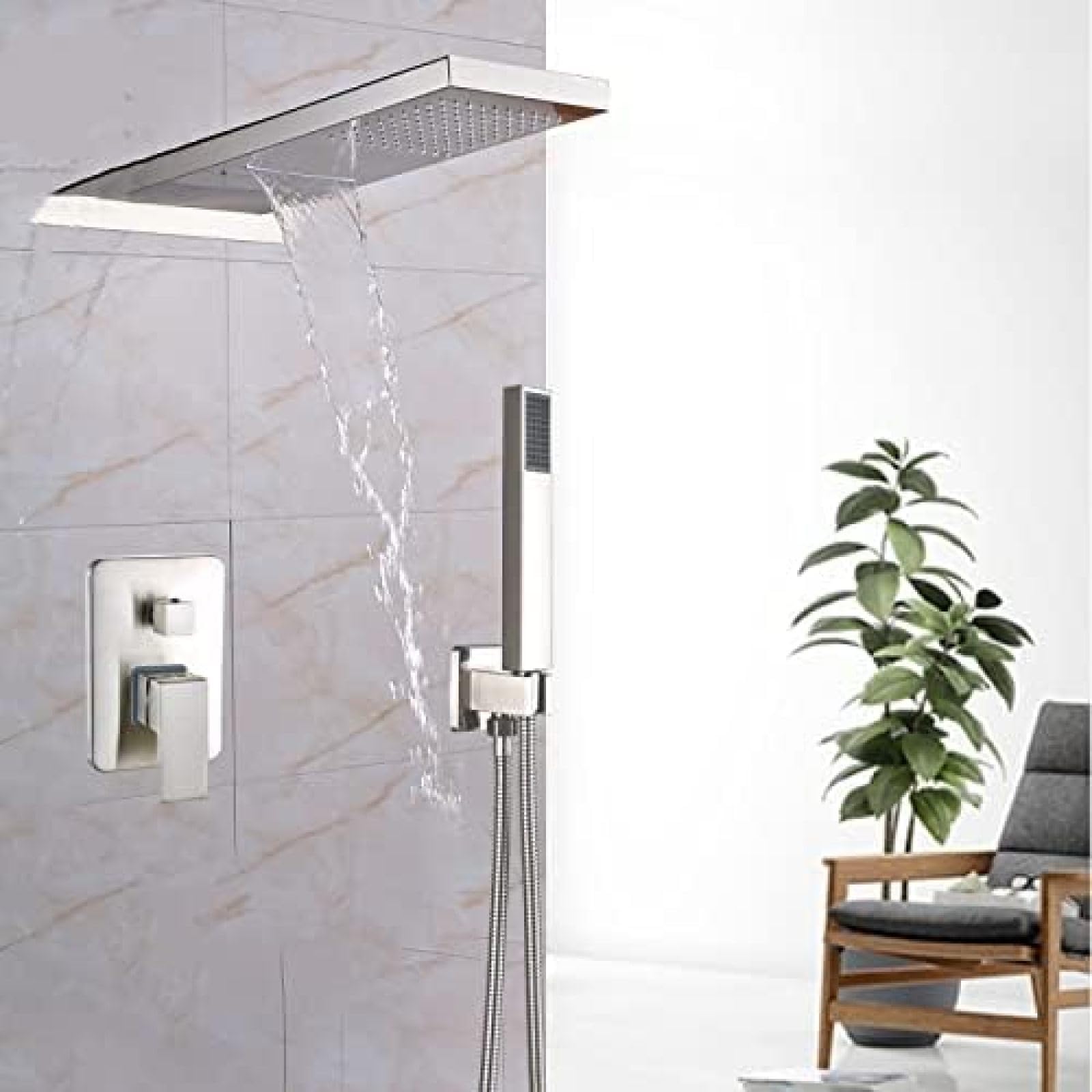 GLJTUO Chrome Waterfall Rain Shower Faucet Set Plastic Handshower in Wall Shower Column 3-Ways Brass Mixer Valve Shower Tap,Matte Black,Chrome,Brushed Nickel