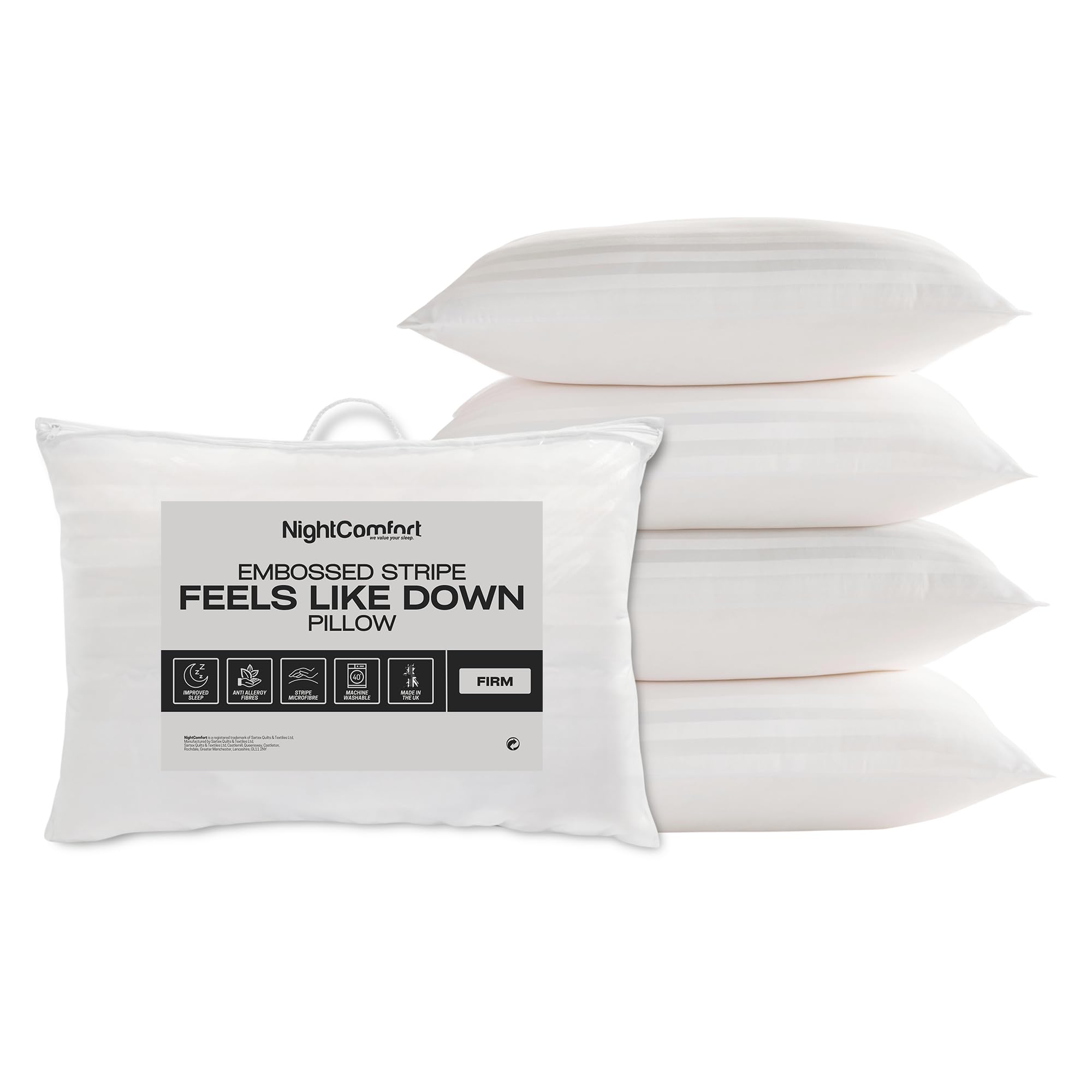 Night Comfort Satin Stripe White Pillow - Hypoallergenic Firm Support, Microfibre Pillows for Side Sleepers, Filled with Bouncy Hollowfibre, Big Pillows for Bed (Pack of 4)