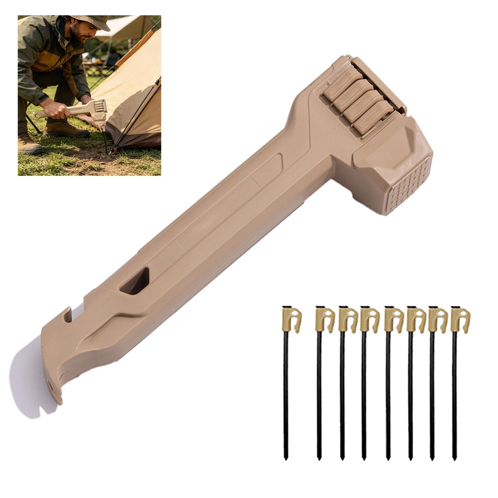 Multifunctional Camping Hammer & Tent Stake Set with Puller, Storage Handle, and Bottle Opener for Camping, Hiking, and Beach Trips (Khaki)