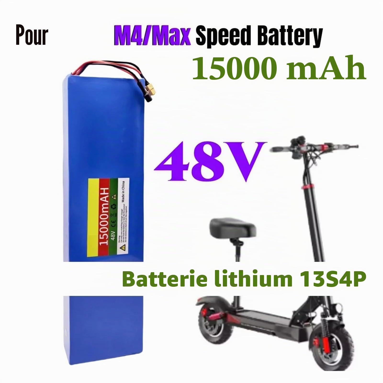 Batterie lithium 13S4P 48 V 15 000 mAh, chargeur et adaptateur secteur inclus, compatible avec les batteries des trottinettes Kugoo M4/M4Pro/M5/M5Pro/Max Speed ​​(avec BMS).(DC-XT60-1pcs battery)