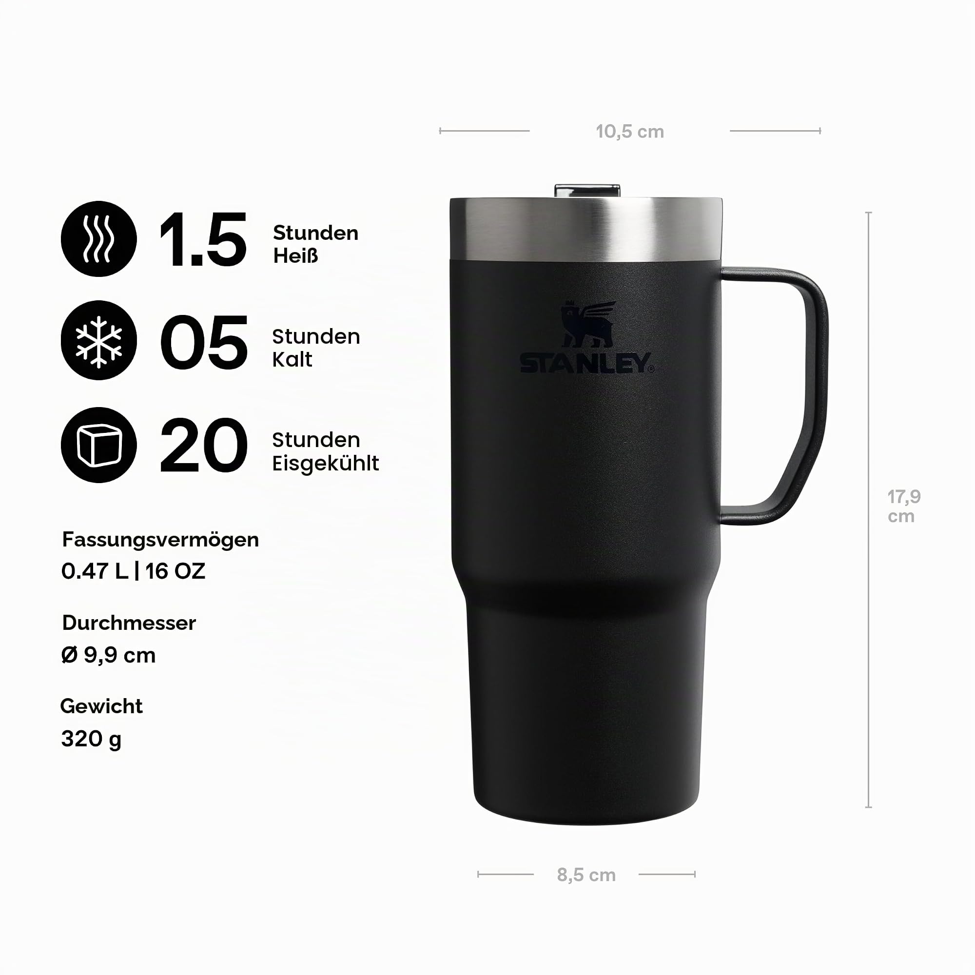 STANLEY 1913 Everyday Suburban Travel Mug 0.47L - Black | Hält 1,5 Std. heiß - Kühlt 5 Std. - 20 Std. eisgekühlt - BPA-frei - Spülmaschinenfest - Edelstahl