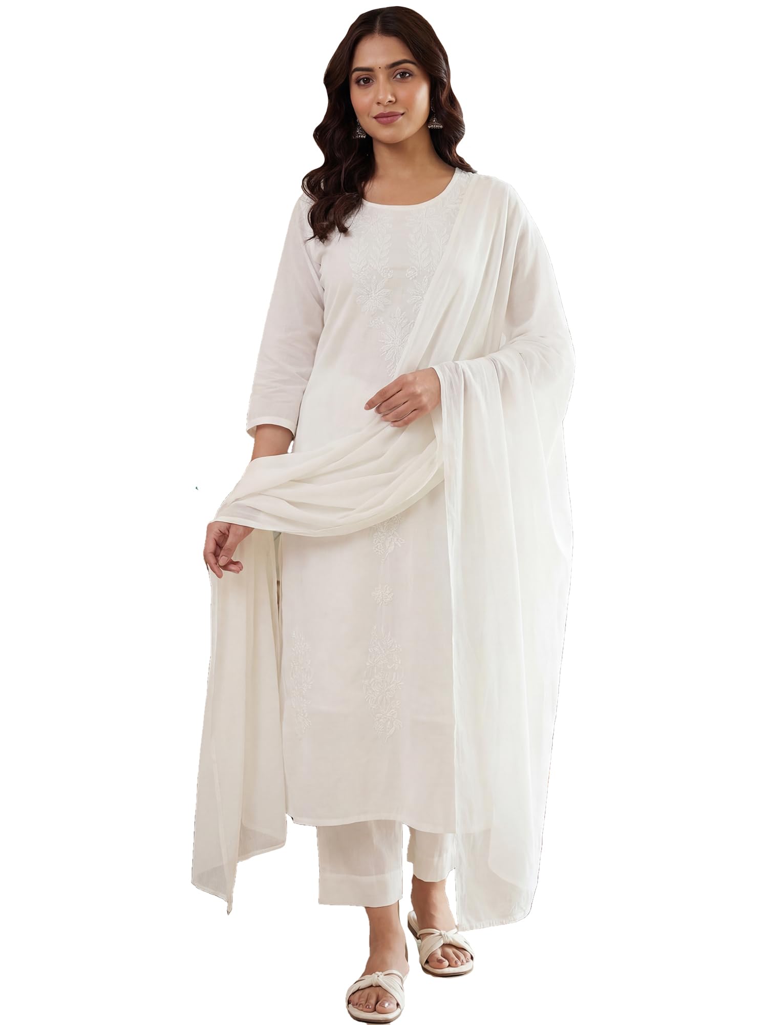 indo era Women's Pure Cotton Floral Embroidered Straight Kurta & Pant With Dupatta Set (IERTF11099)-picture-27