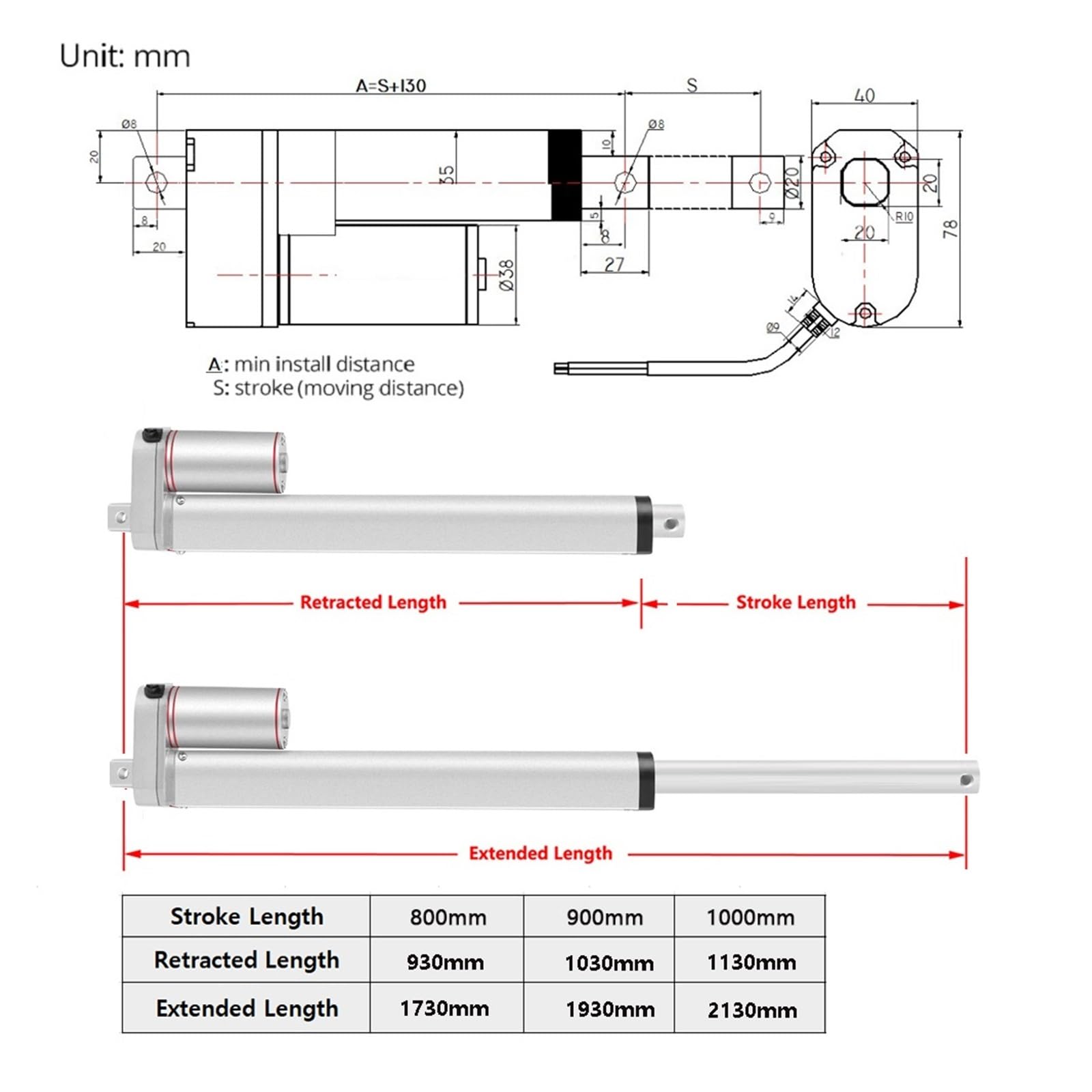 Siłownik liniowy, Siłownik liniowy 12V 24V, 800MM 900MM 1000MM skoku silnik elektryczny DC 1000N 1500N 2000N 3000N(24V 2000N 8mm s,800MM)