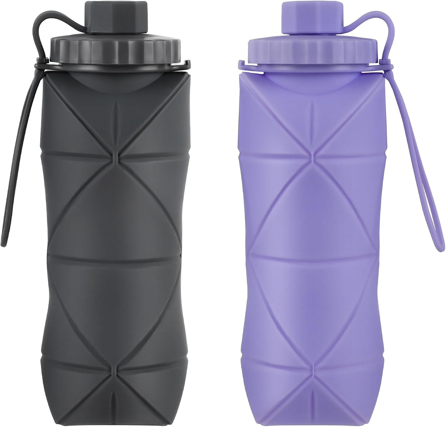 Silicone Collapsible Water Bottles,Lightweight Reusable Leakproof For Traveling Camping Hiking Cycling Sports Outdoor,Foldable Portable Travel Water Bottle 600ML Dark Grey And Purple 2Pack.