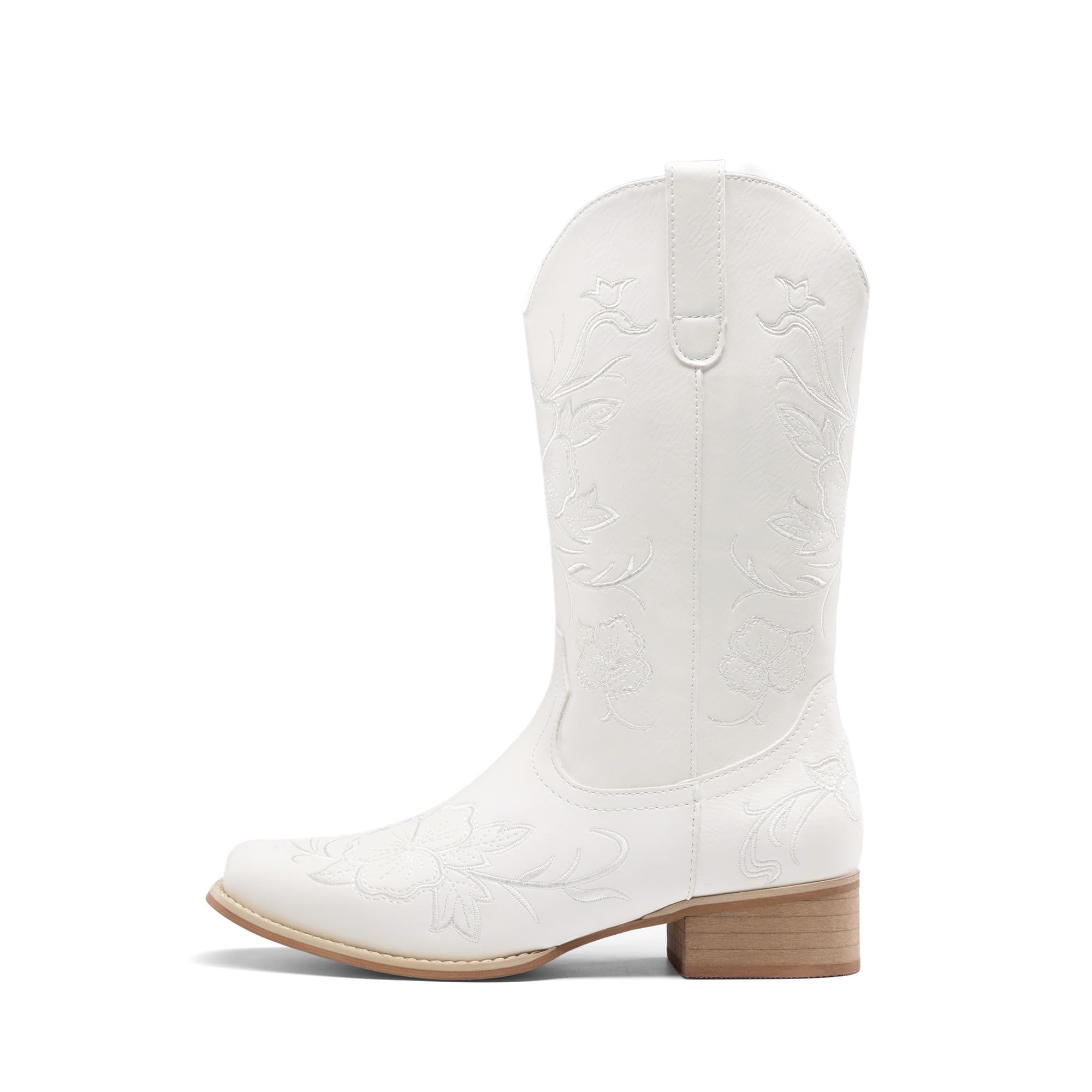 DREAM PAIRS Stivali da cowboy da donna con punta quadrata ricamata, tacco basso grosso, stile western, per festival di musica country, feste a tema e concerti, bianco, 41 EU