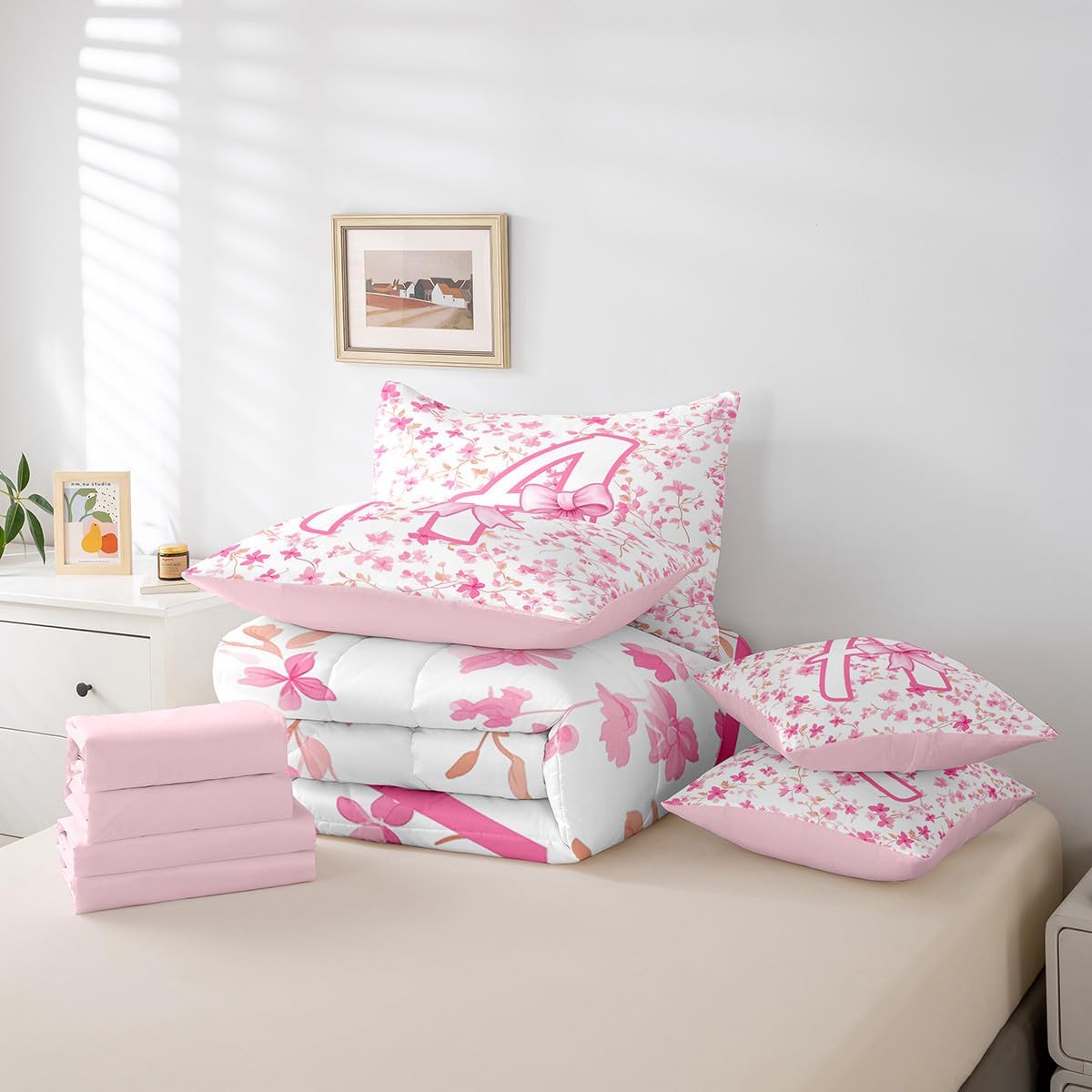 Feelyou Girls Cute Pink Bowknot Comforter Set with Sheets Coquette Bow 7 Piece Bedding Set Full Size for Kids Girls Personalized Letter A Room Decor Bed in a Bag