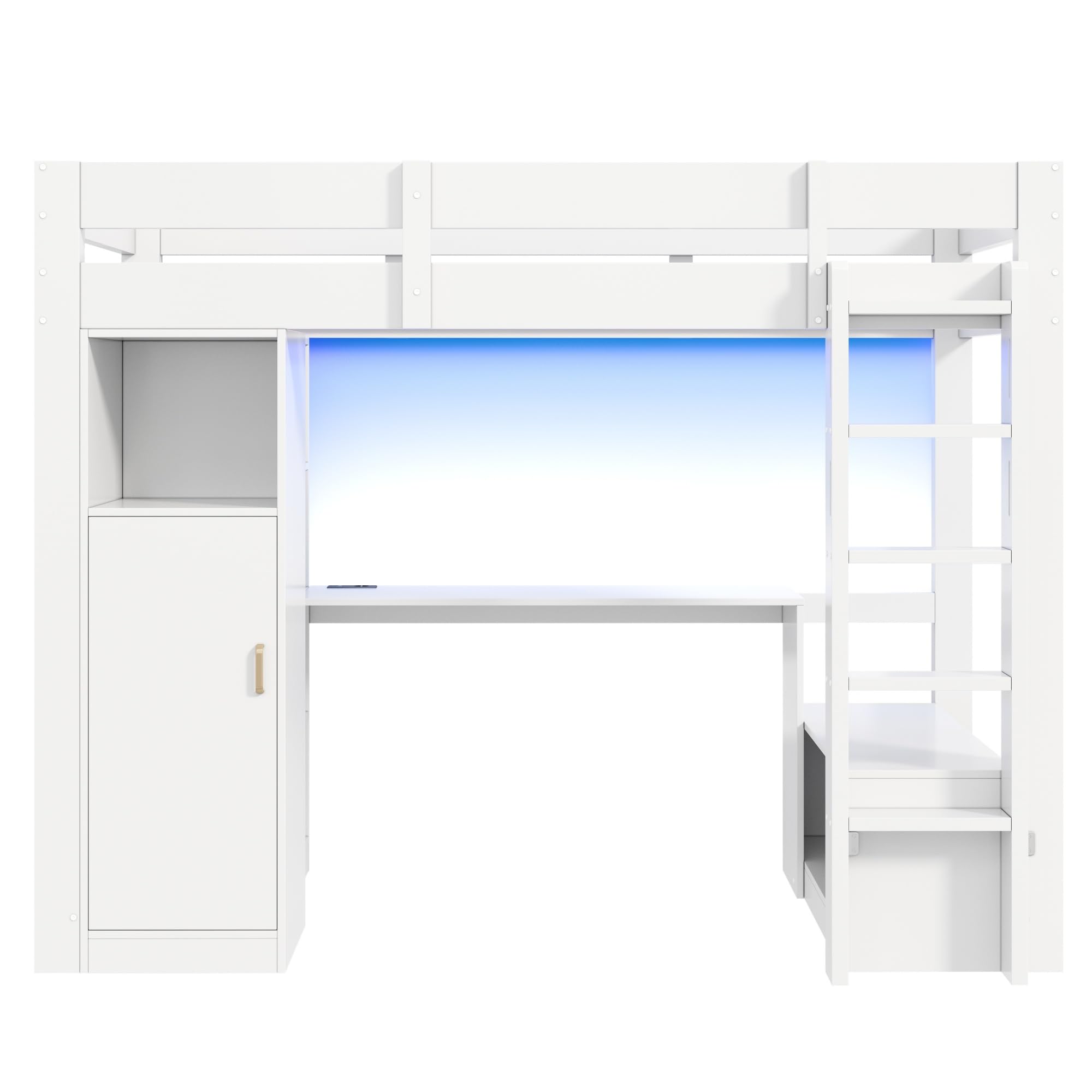 Lit Mezzanine 90 x 200 cm avec Penderie, Lit en Hauteur avec Éclairage LED et Port USB, Bureau et Étagère Ouverte à 4 Niveaux, Banc de Rangement, Barrières de Sécurité, Blanc-B