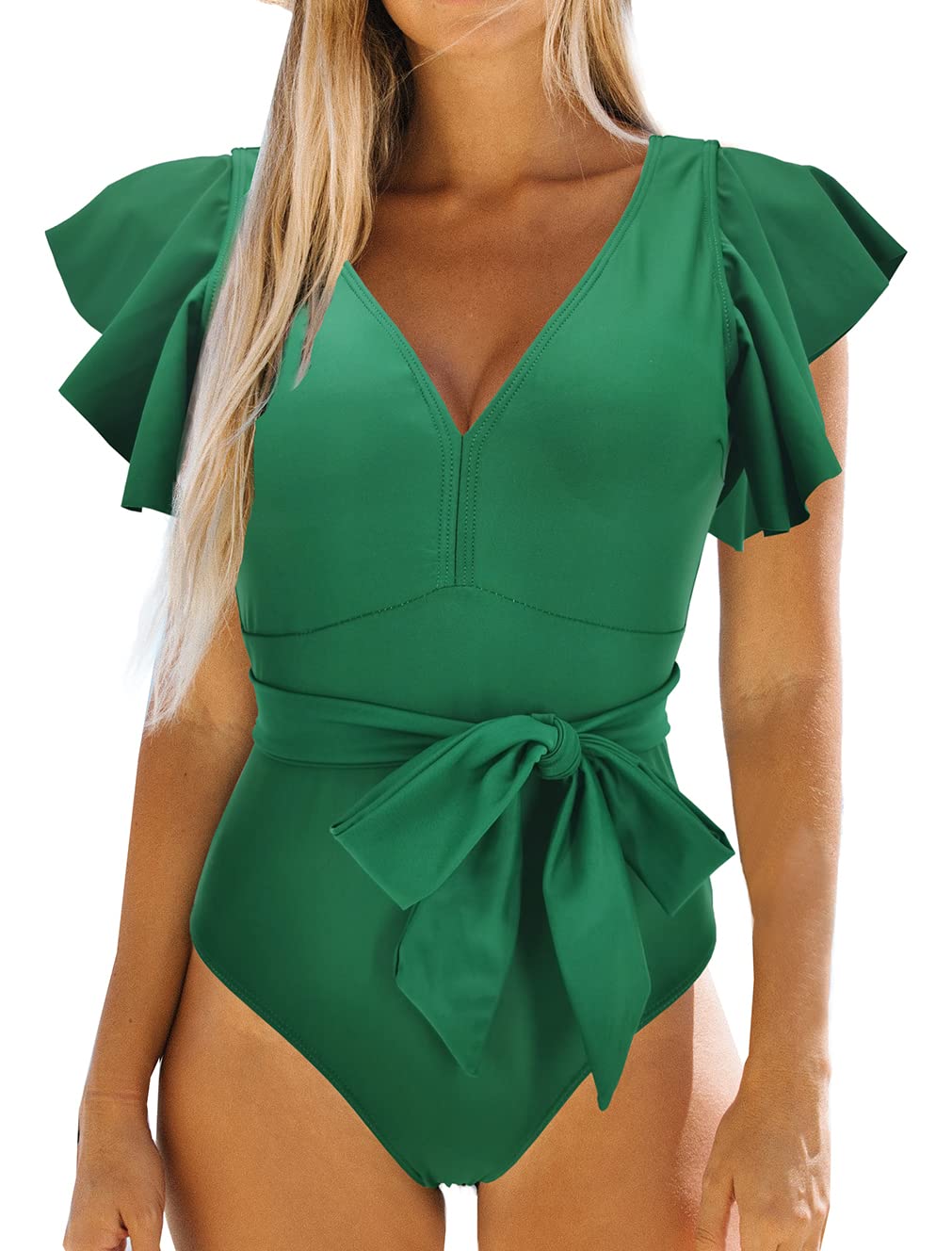 Binlowis V Neck Ruffle One Piece Swimsuit Ladies Floral Print Sexy Belt Bathing Suit Tie Swimwear. Size XL