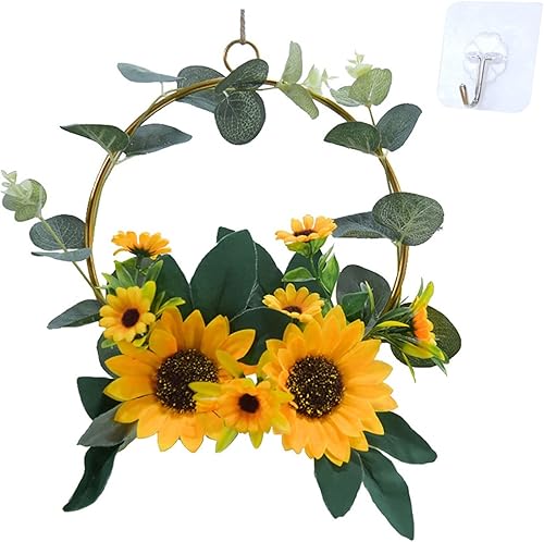 CAREG Artifical Flowers Wall Hanging Wreath Simulation Sunflower Decoration Home Decor Metal Ring Round Wrought Iron Garland Durable