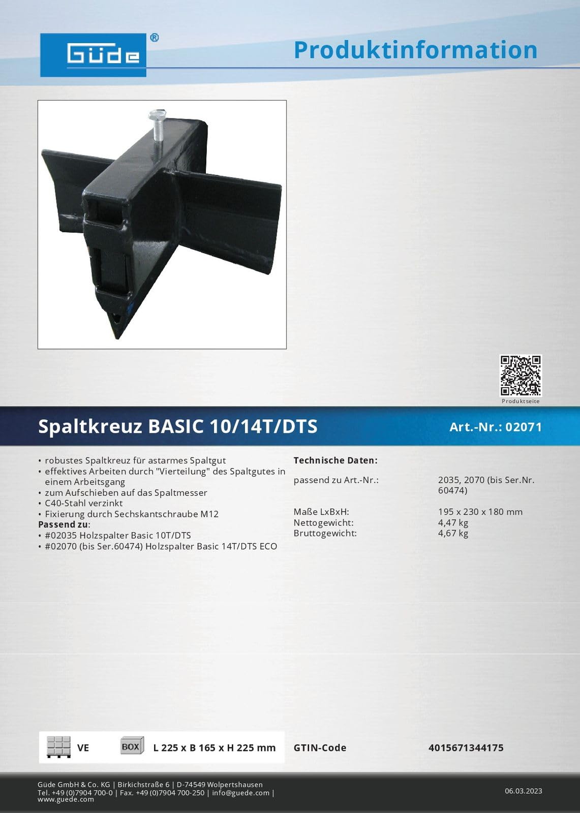 Spaltkreuz für Güde Holzspalter Basic 10 und 14T/DTS
