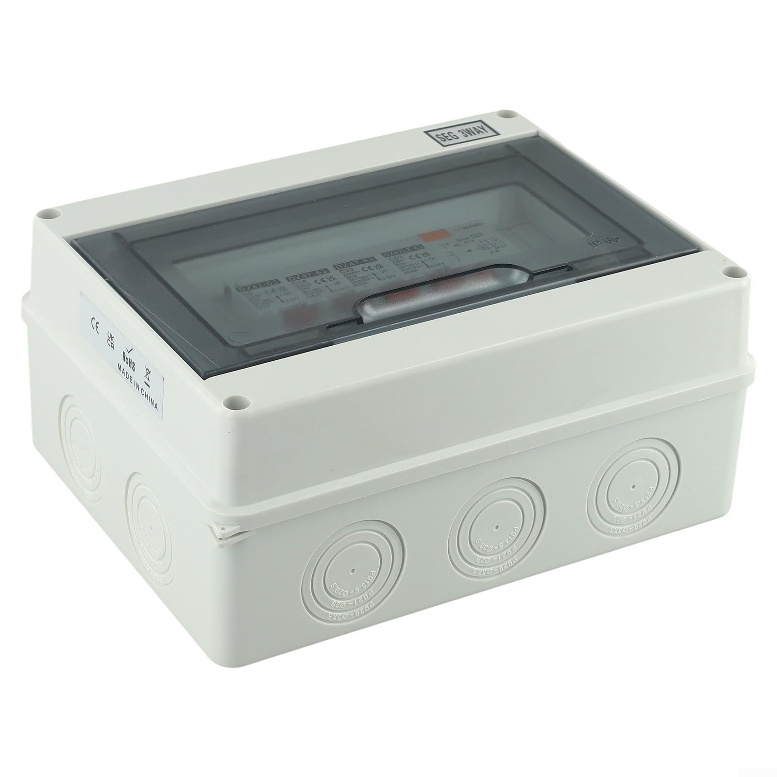 Contador de consumo de 3 vías IP65 con para rcd y 3 x MCB para garaje | Plástico ignífugo, 63 A, 230 V, protección contra cortocircuitos, para garaje, caravana, taller