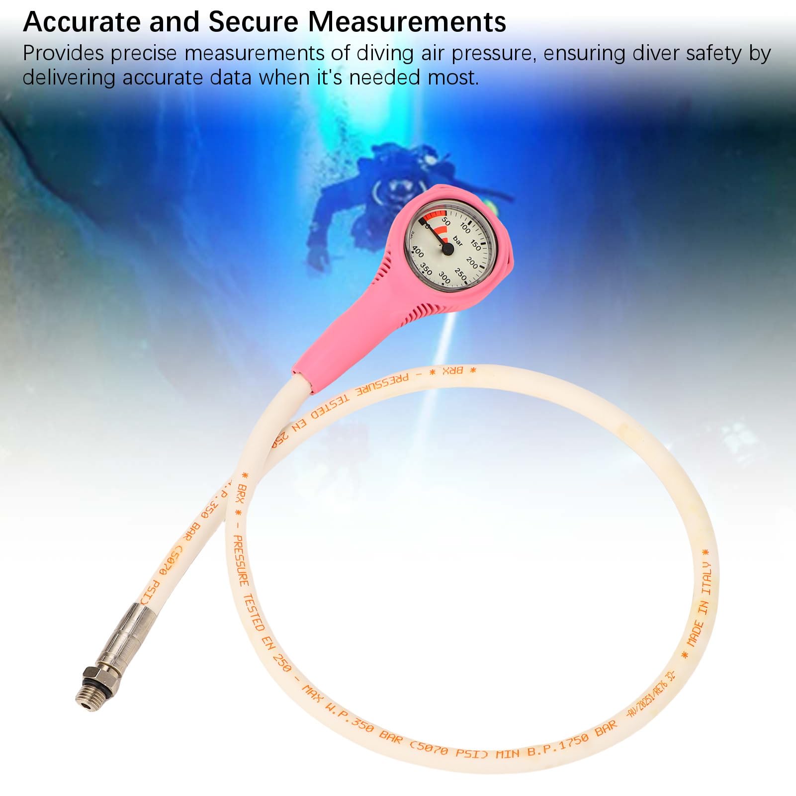 Zunate Manometro per Immersioni Subacquee | Manometro Sommergibile TPR con Tubo Flessibile per Strumento di Prova Subacquea Attrezzatura Subacquea Rosa