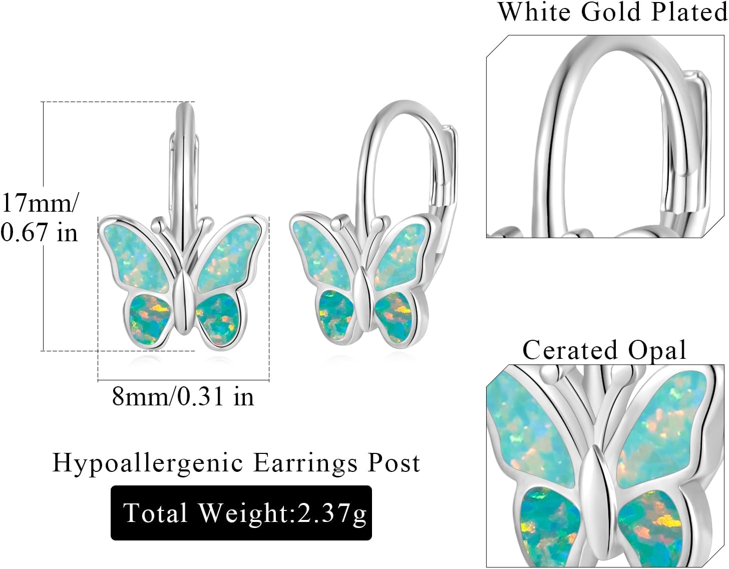 Opal Butterfly Earrings Gold Plated or Rose Gold Plated Leverback Earrings Cute Jewelry Huggie Hoop Earrings for Women Girls - Image 5