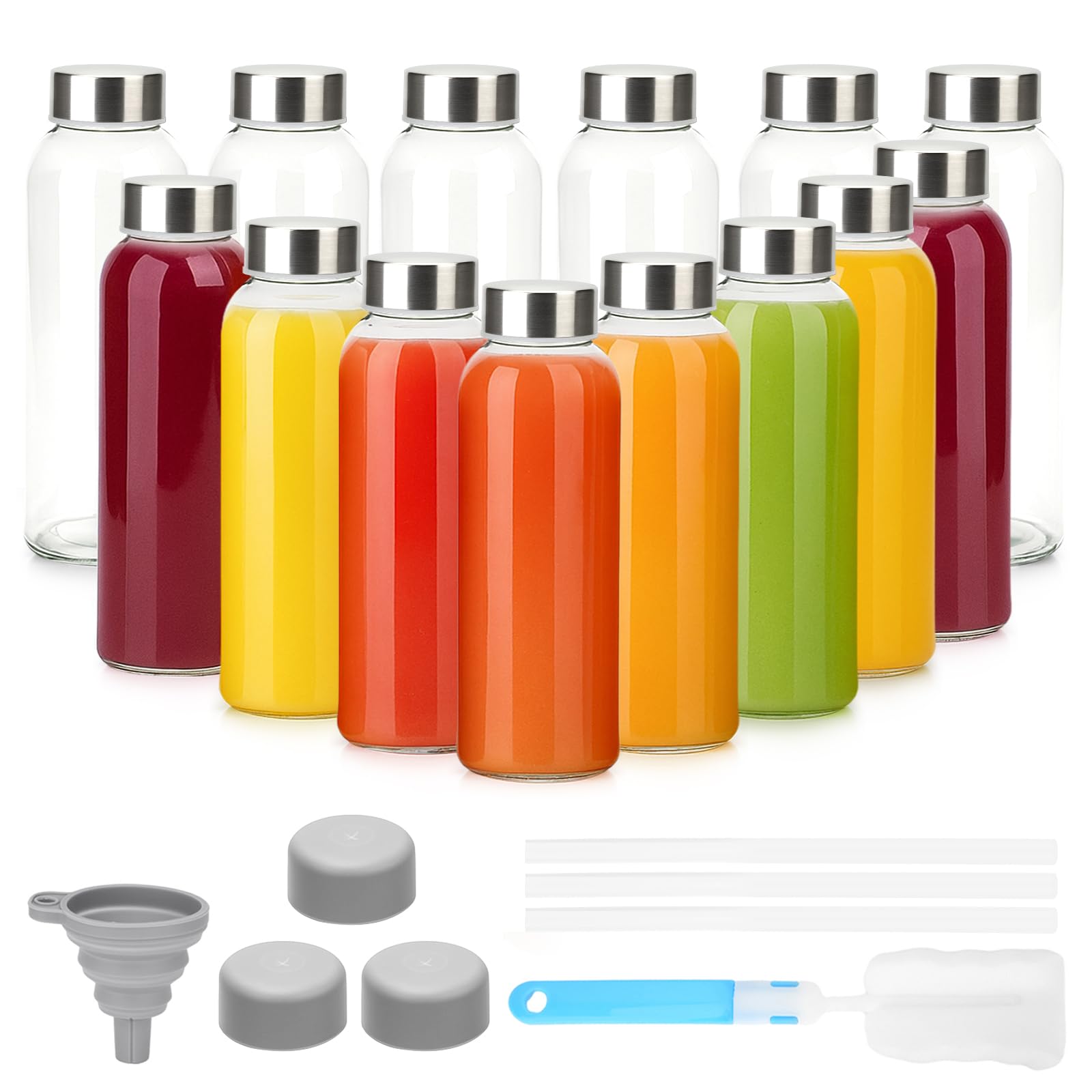 10 oz Clear Glass Bottle with Lid Reusable Glass Water Bottles with Stainless Steel Cap Straws for Juicing