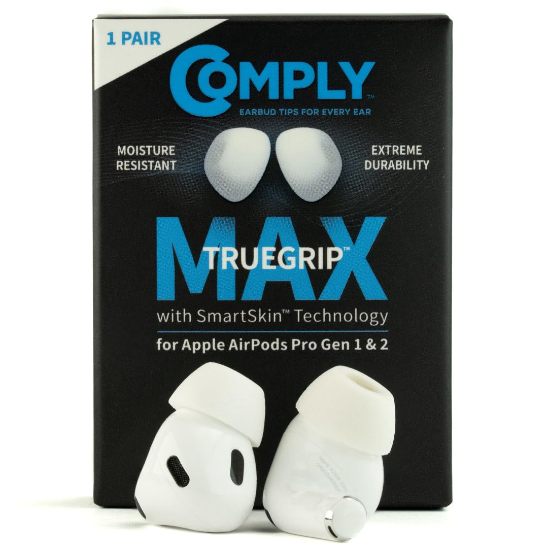 Comply TrueGrip MAX | Premium Memory Foam Replacement Earplugs for Apple AirPods Pro (1 & 2 Generation) | SmartSkin™ Technology | White, Size S, 1 Pair
