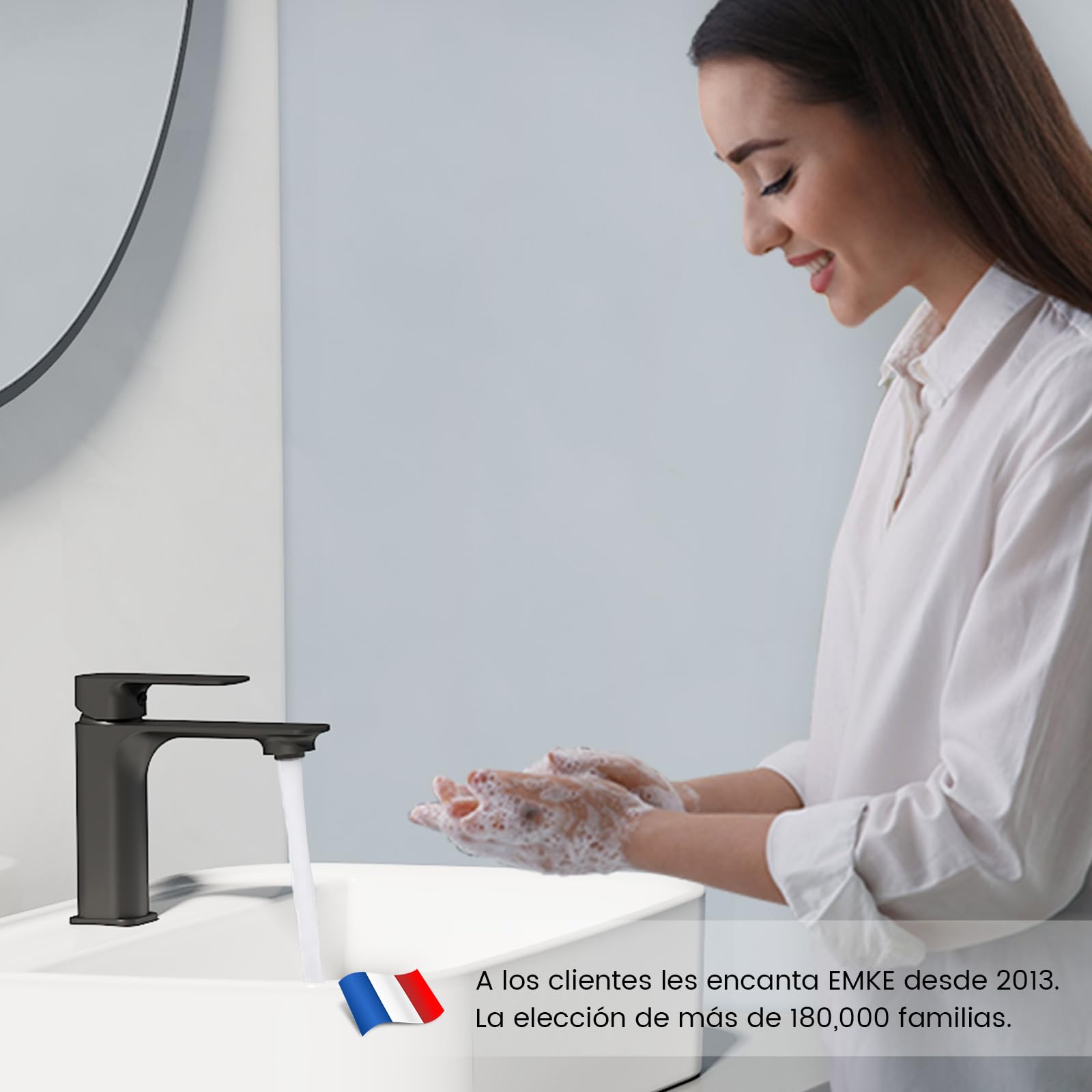 EMKE Grifo de Baño Negro Mate, Mezclador de Latón con Cartucho Cerámico y Aireador, Instalación Fácil, 166x152x45 mm, Grifo de Lavabo Duradero, Ahorro de Agua