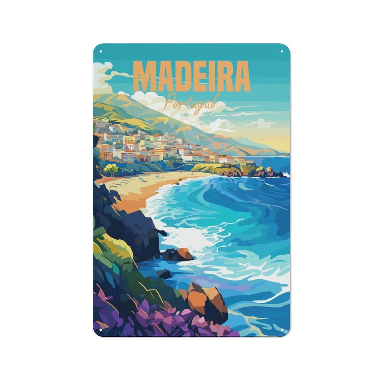 Junmoney Madeira Portugal Coast Urban Decorative Metal Plaque 30X20cm Featuring Loft Wall Plaque For Loft, Studio, Office Or Creative Room