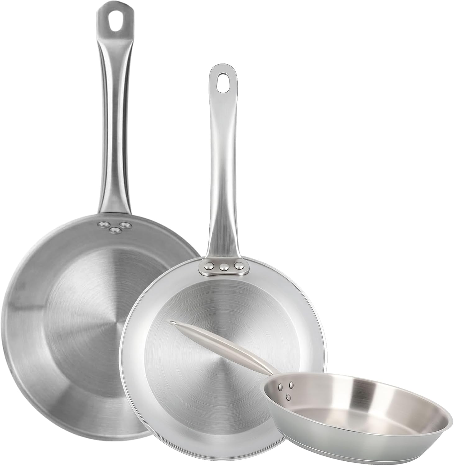 Well Home Set of 3 Frying Pans Diameter 30 x 32 x 34 cm Stainless Steel Suitable for Induction Cookers without Non-Stick Coating