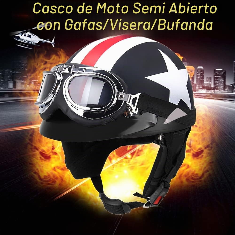 GoolRC Casco de Moto Medio Abierto con Gafas Visor Bufanda Casco de Motociclista Scooter Touring