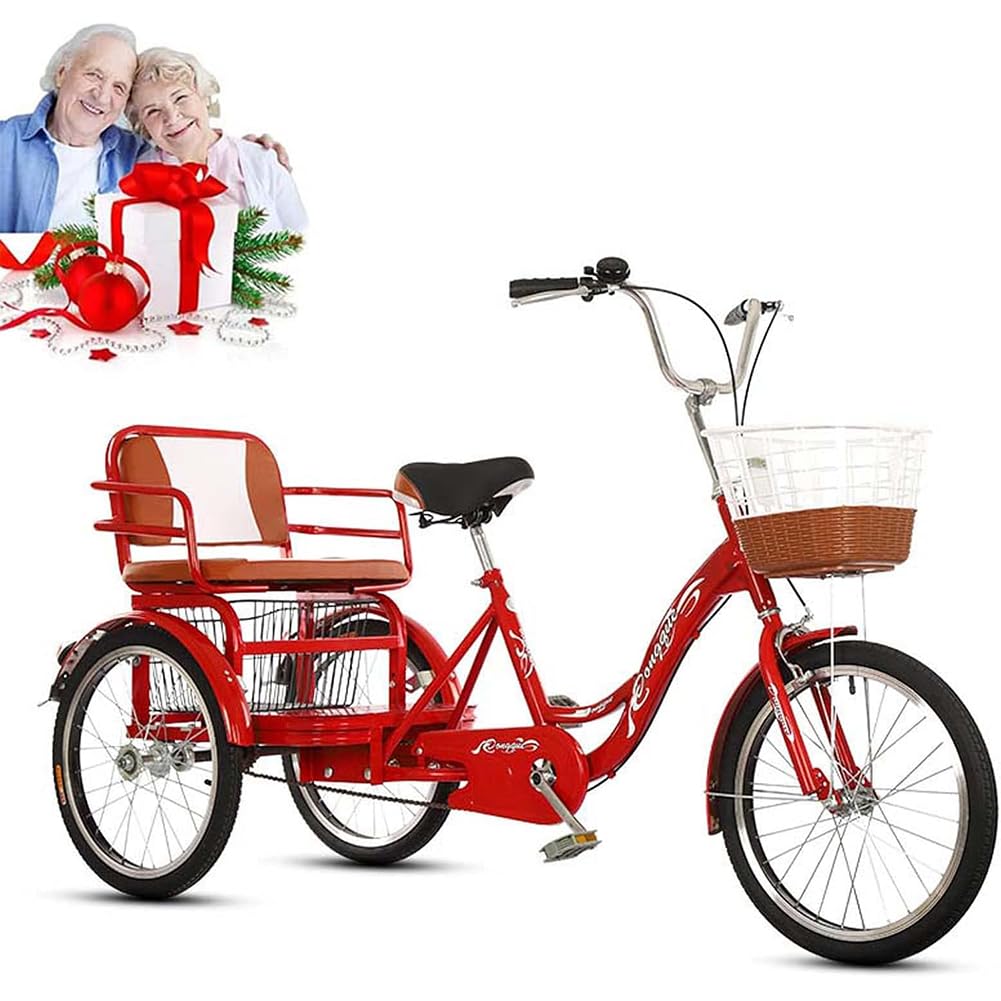 MegLob Adult Tricycles for Seniors, 20IN Adult Tricycle with Large Basket & Backseat, Tandem 3 Wheel Cruiser Bike, 1 Speed Trike Bike, Three-Wheeled Bicycle for Shopping/Picnic/Outdoor Sports,Red