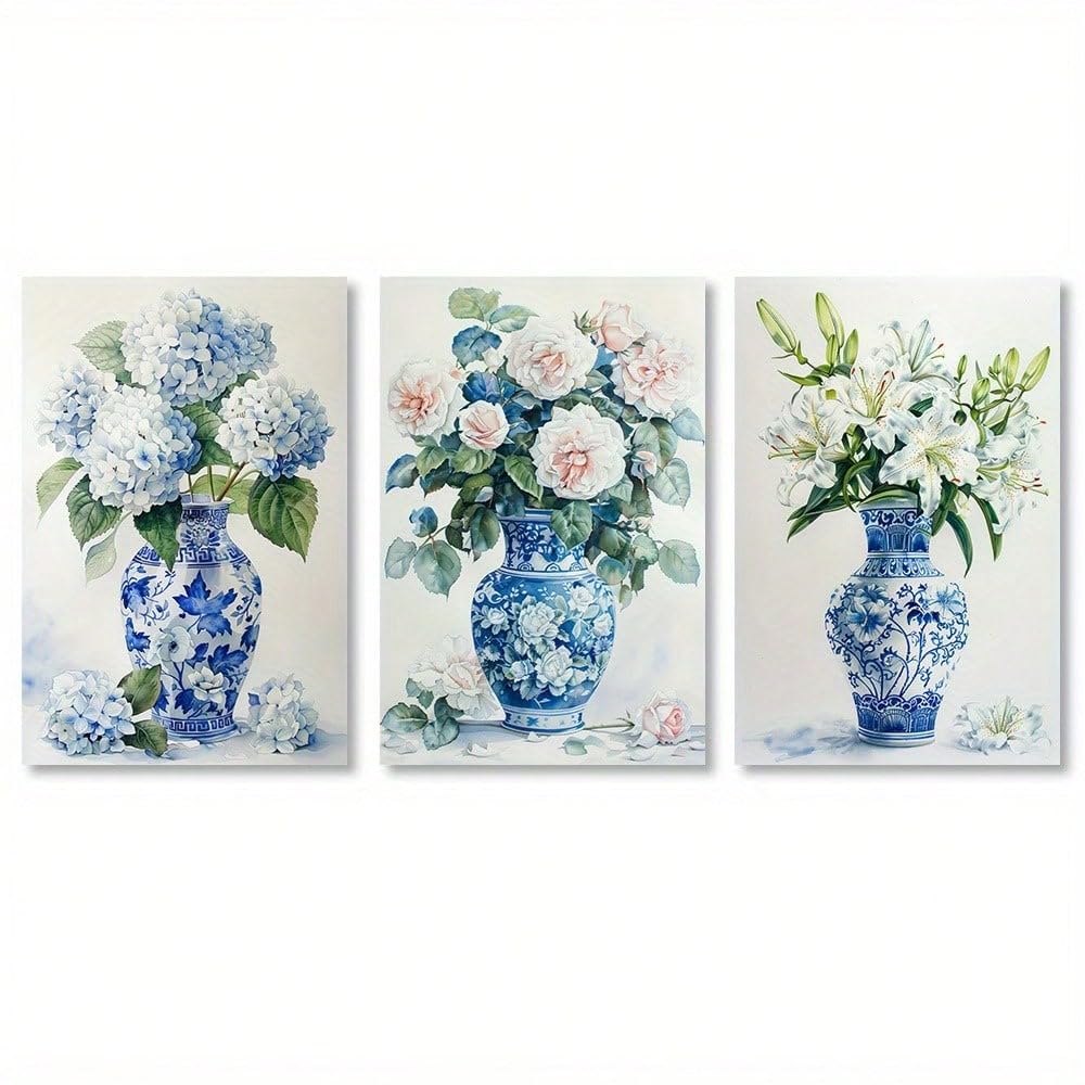 Cuadro decorativo de 3 piezas con jarrón de porcelana azul y blanca, ideal para la decoración de habitaciones (50x70cm x 3/Sin marco).
