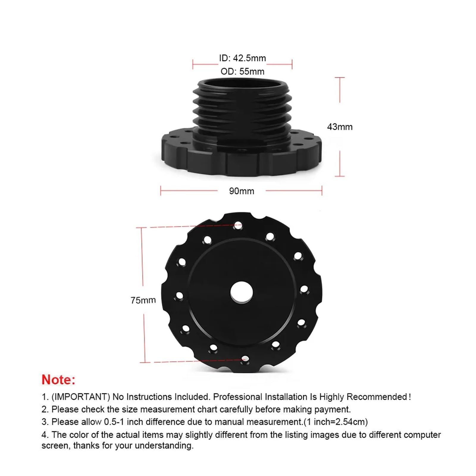 Aluminiowy adapter na kierownicę Sim Racing Gaming 75 mm do Thrustmaster T300, T500, TS-PC, TS-XW (czarny)