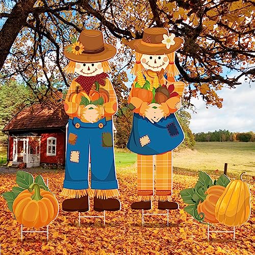 Geetery 4 Pieces Fall Outdoor Decorations Scarecrow Yard Stake Thanksgiving Pumpkins Porch Sign with Stake Fall Yard Decor Autumn Harvest Garden Sign for Outside Lawn Decoration 32.28 x 10.47 Inch