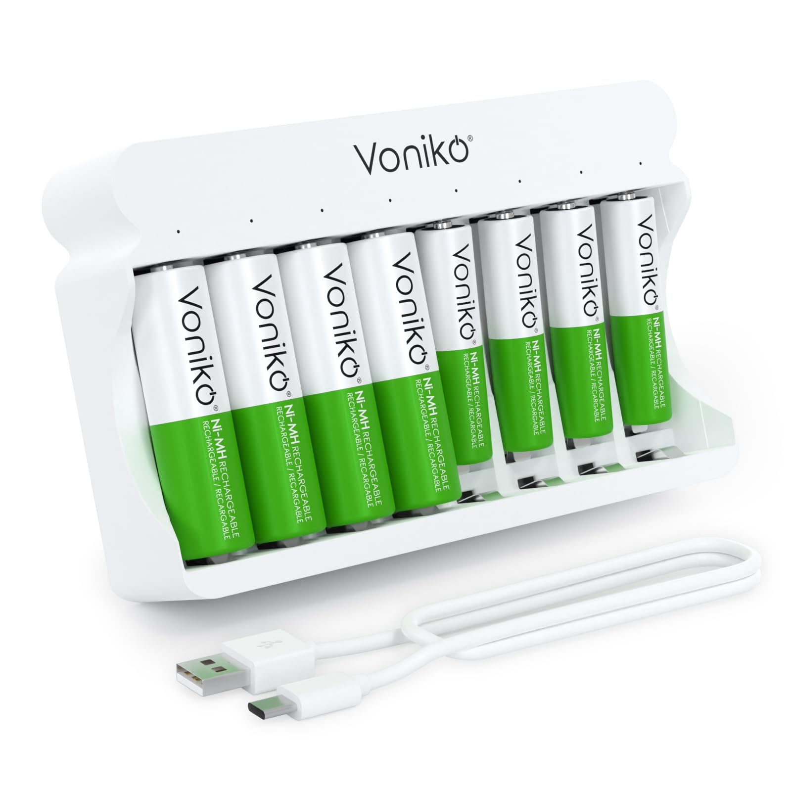 Voniko Rechargeable Batteries with Charger, 1.2V NiMH AA Batteries 4Counts & AAA Batteries 4Counts with 8-Bay Smart USB Type-C Battery Charger