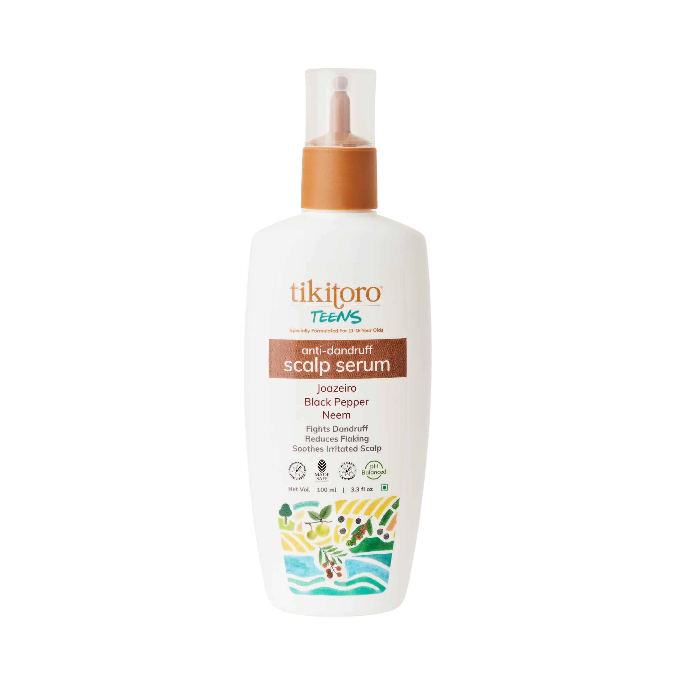 tikitoro teens anti-dandruff scalp serum with joazeiro, black pepper, and neem promotes good microbes, fights dandruff causing fungi, reduces flaking and itching, all skin types (age: 11+) (100ml x 1)
