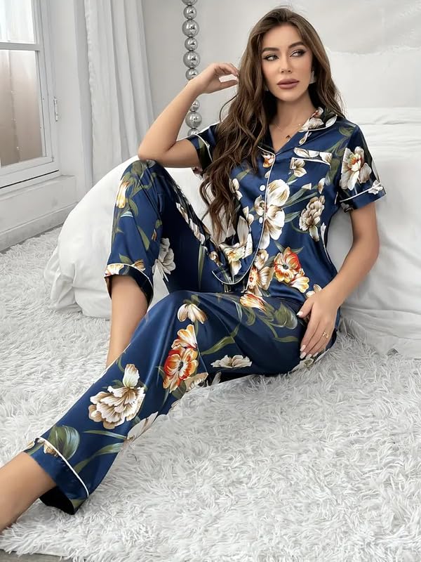 Image of Night Suit for Women with Full Sleeve Button-Down Top with Pant Dress for Woman, Cotton Night Dress for Woman, Two-Piece Loungewear Set