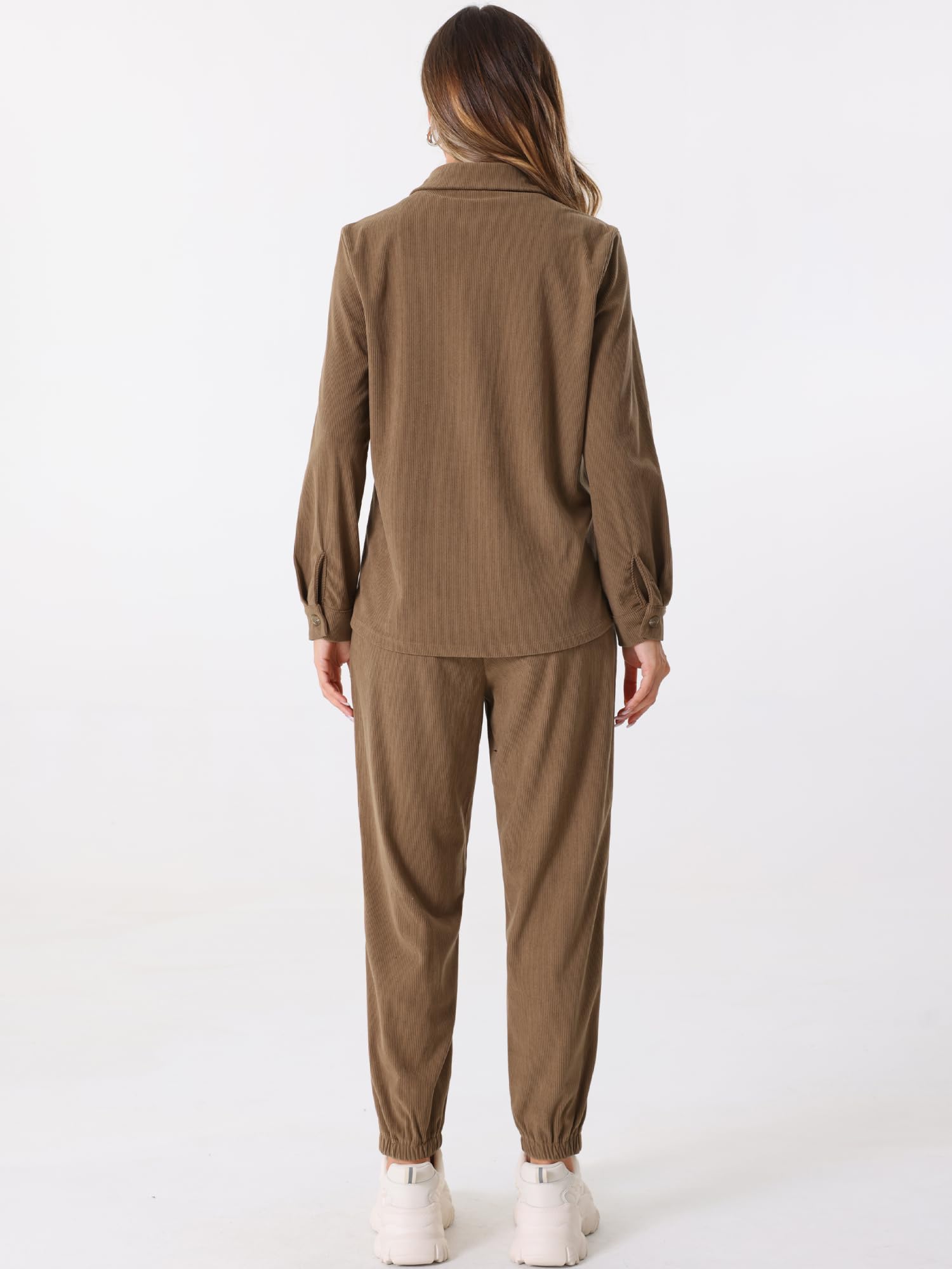 Allegra K Femme Ensemble Shacket Pantalon en Velours Côtelé Manches Longues