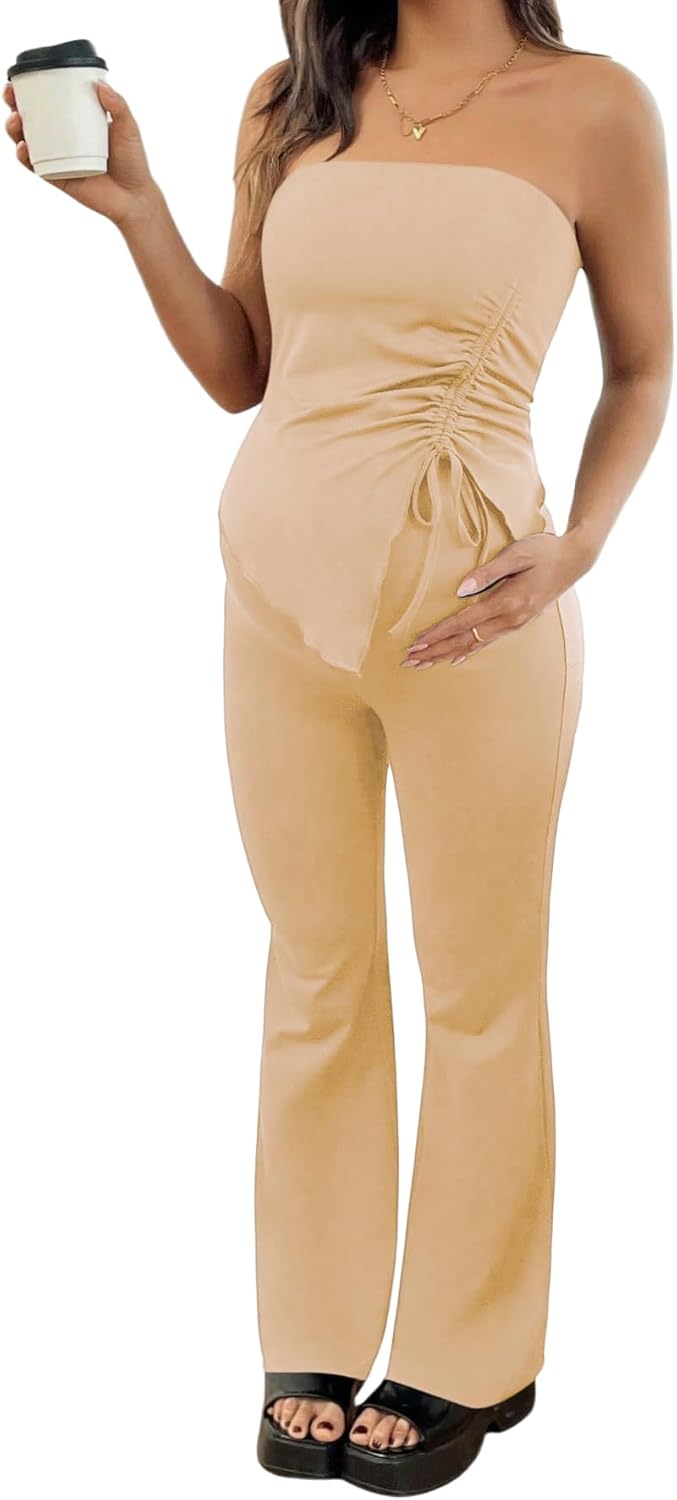 MakeMeChic Women's Maternity Sets 2 Piece Summer Outfits Ruched Tube Top and Pants Pregnancy Matching Set