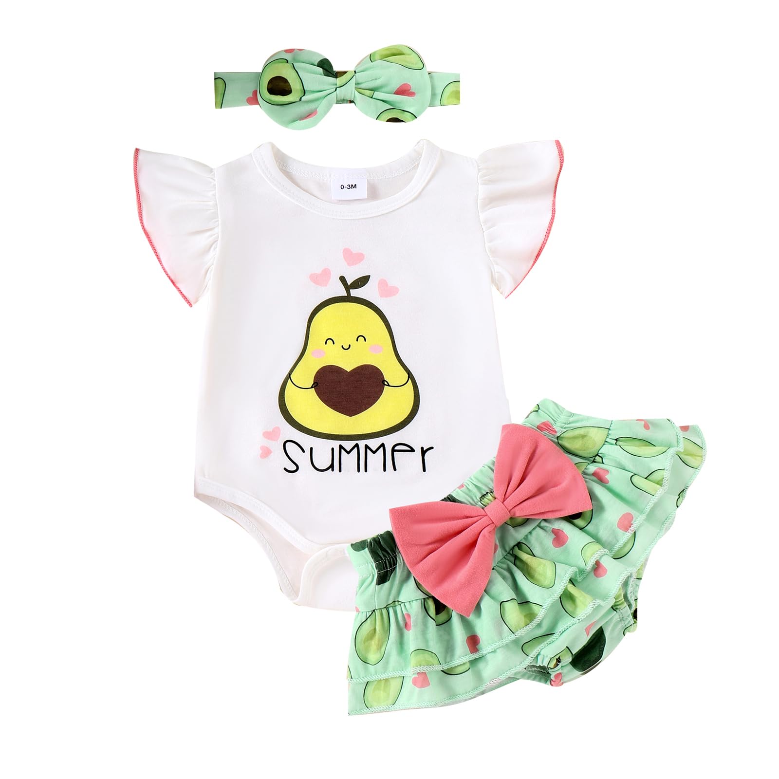 Ynibbim 0-24 Months Infant Baby Girls Summer Clothes Newborn Shorts Set Letters Print Tops & Peach Print Shorts 3Pcs Outfits (I - Avocado Green, 9-12 Months)