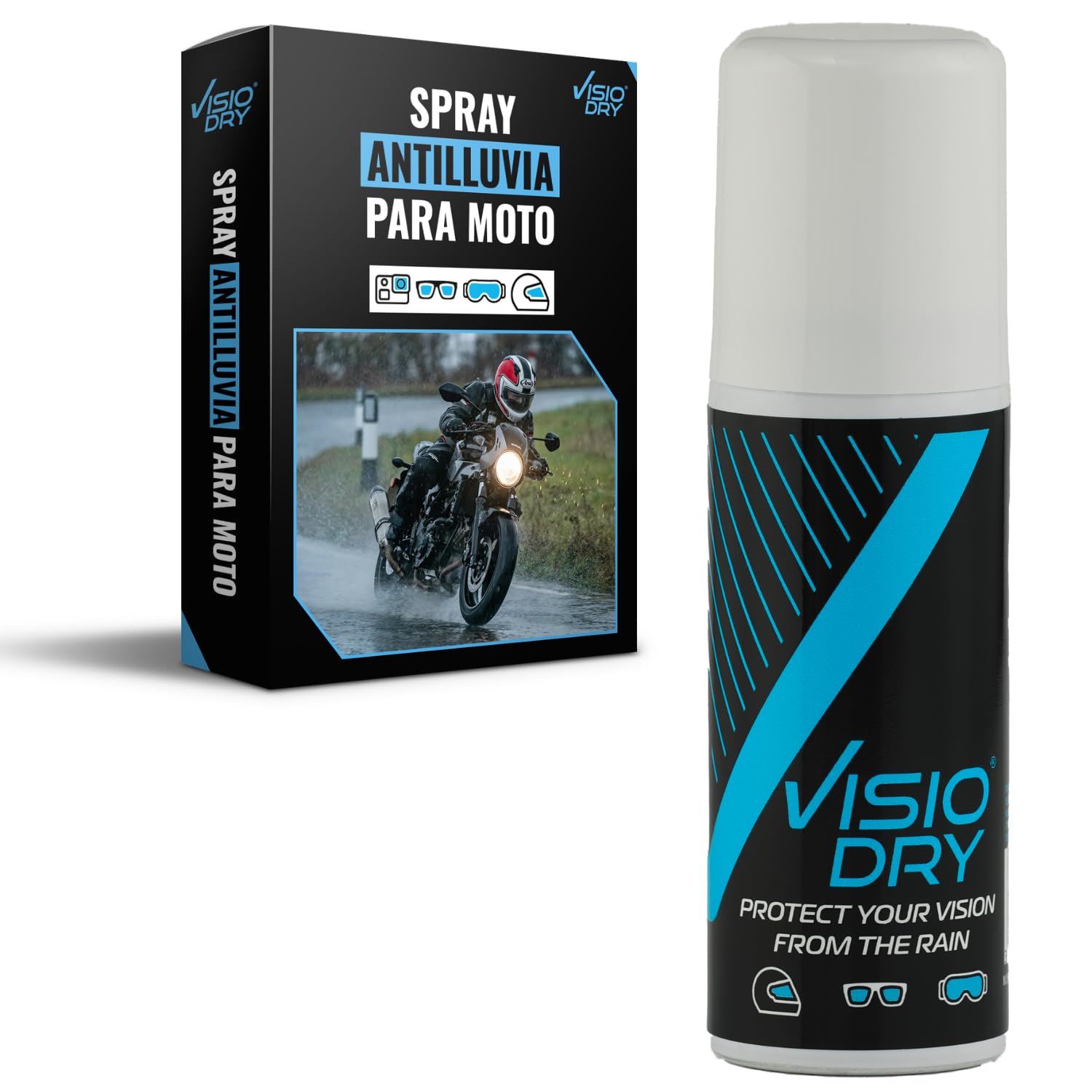 Aerosol Repelente de Lluvia Visiodry – Viseras de Casco y Gafas – sin Marcas, eficaz Incluso en parado – 35 ml – VDA050