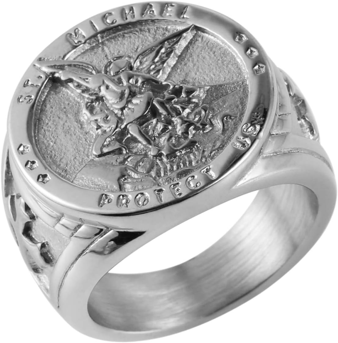 St. Michael San Miguel The Great Protector Archangel Defeating Satan Figurine Stainless Steel Amulet Ring