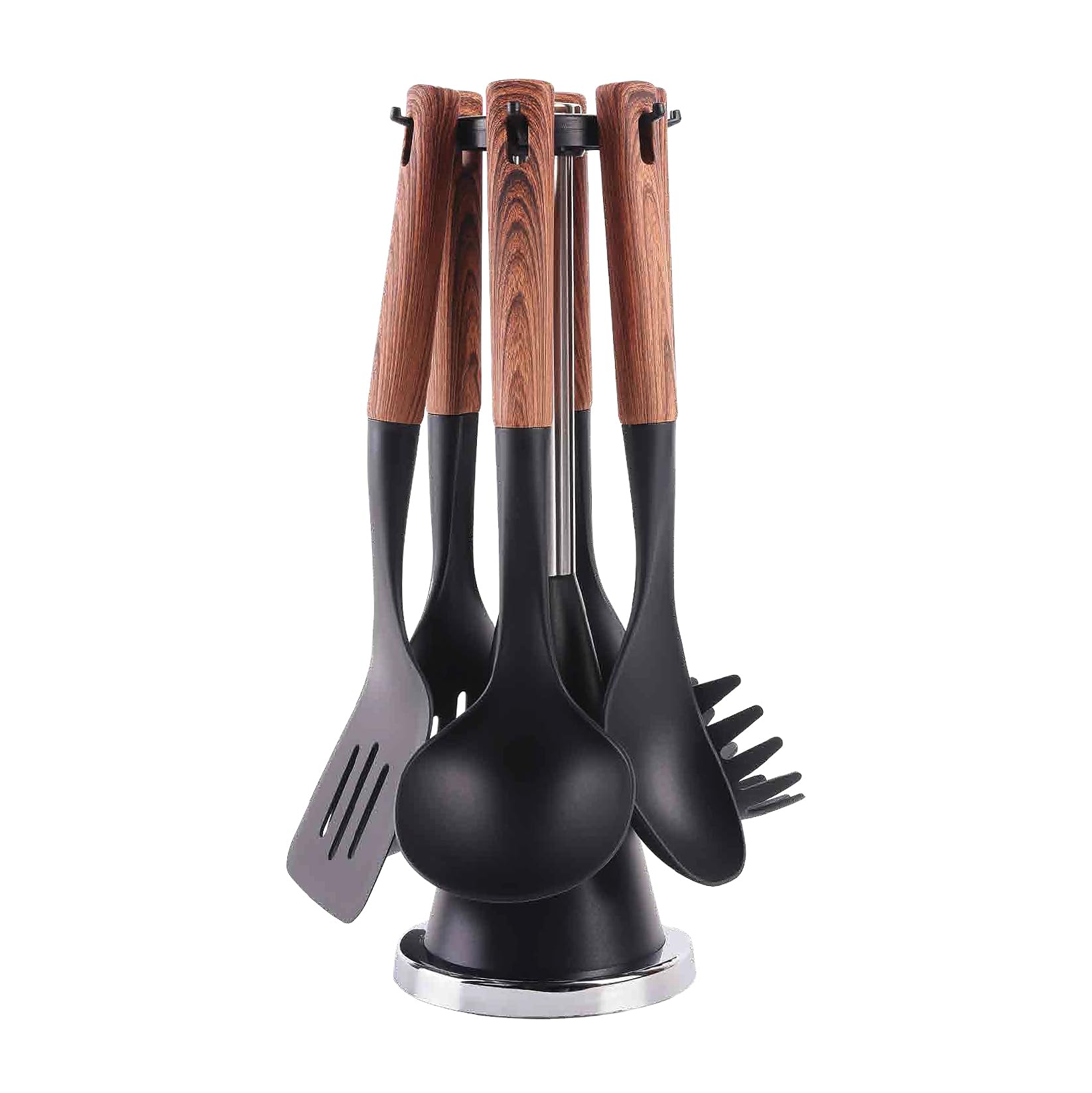 Westinghouse Set de Utensilios de Cocina Nylon Negro Madera 6 Piezas con Base Giratoria, Espátulas y Cucharones Resistentes al Calor, Antiadherentes y Organizador de Cocina