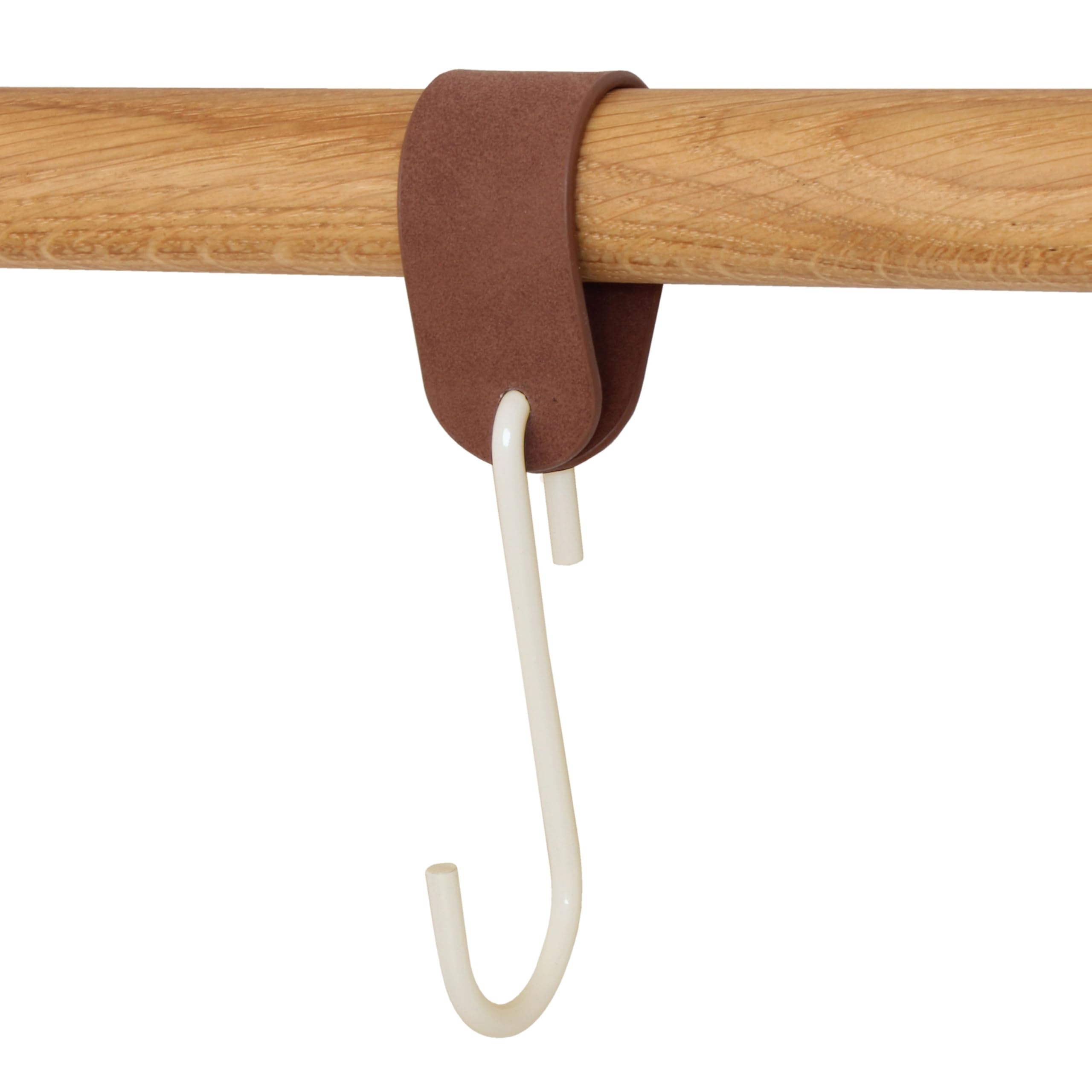 Gancio appendiabiti GARD con gancio a S | Passante in pelle PU vegana | Cinturino in pelle sintetica decorativo per aste di guardaroba, appendiabiti, cinghie in pelle (nastro marrone/gancio beige, set