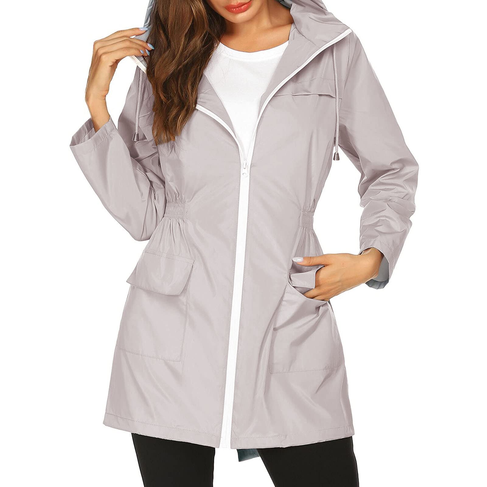 Women Hooded Ja et Waterproof Long Sleeve Elastic Waist Zip Trench Rain Coat Outerwear-image-13