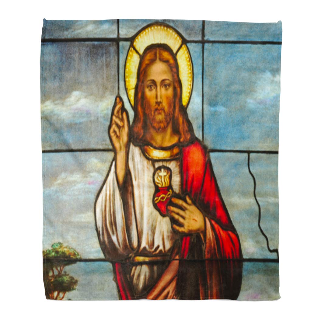 Golee Throw Blanket Christ Stained Glass Window Depicting Sacred Heart of Jesus Christian 60x80 Inches Warm Fuzzy Soft Blanket for Bed Sofa