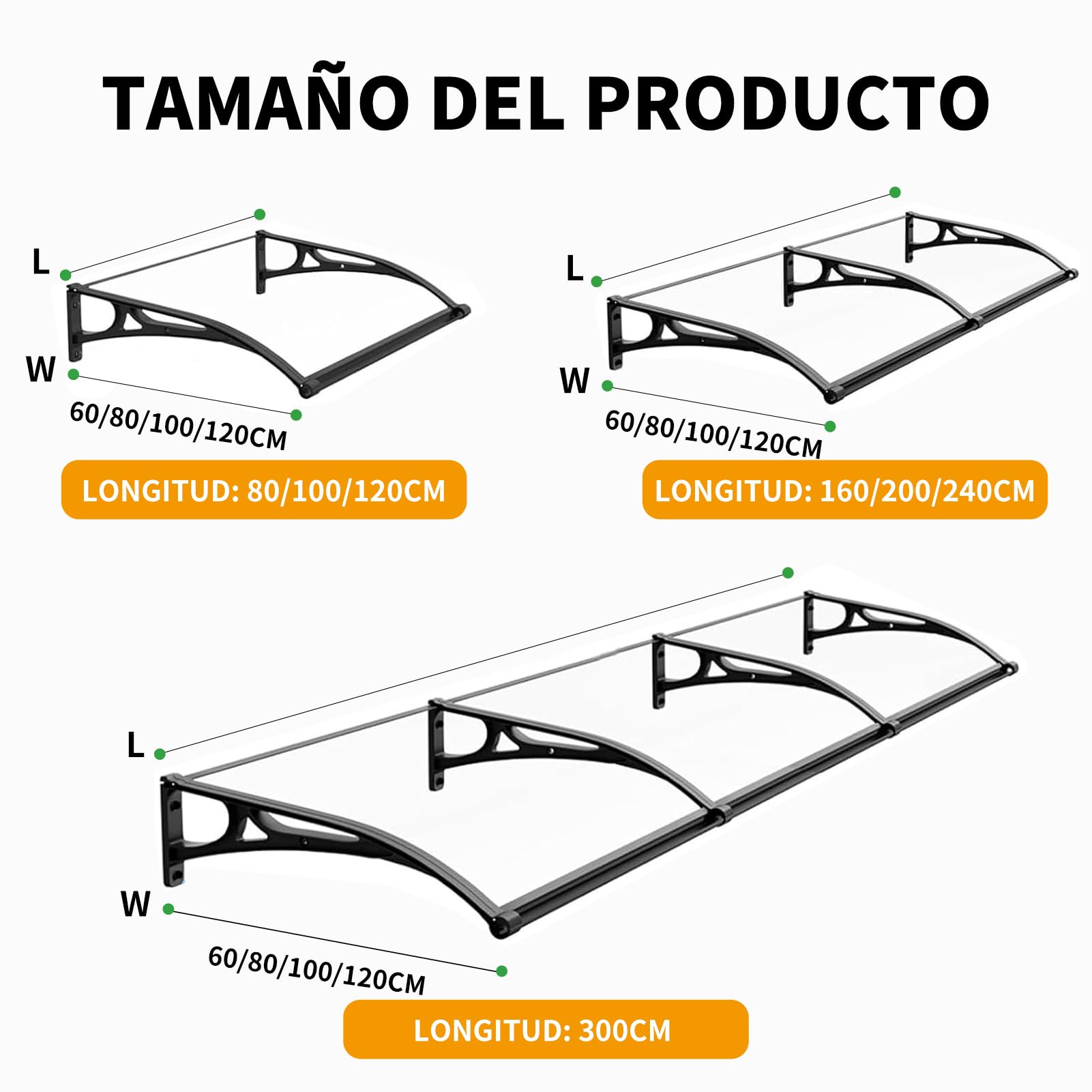 Marquesina Puerta Exterior, Marquesina para Puerta de Entrada, Toldo Exterior de Policarbonato y Aluminio, Protección contra Lluvia, Nieve y Sol, Fácil Instalación(80×160cm)