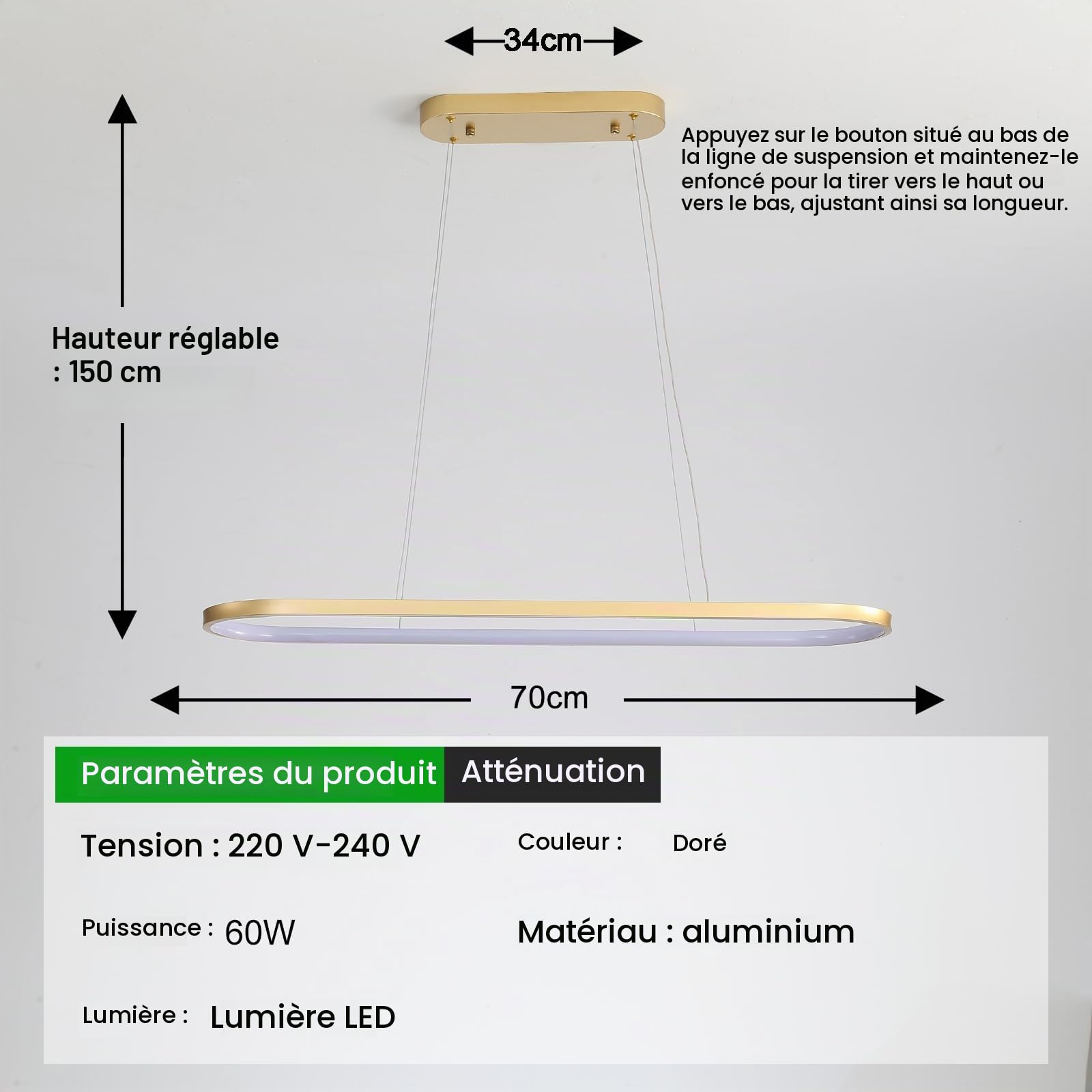 Lustre Ovale Luminaire LED À Intensité Variable, Lampe Annulaire, Lustres Moderne Avec Télécommande, Hauteur Réglable, Idéal Pour Salon Salle À Manger Cuisine Chambre Bureau Doré 70cm