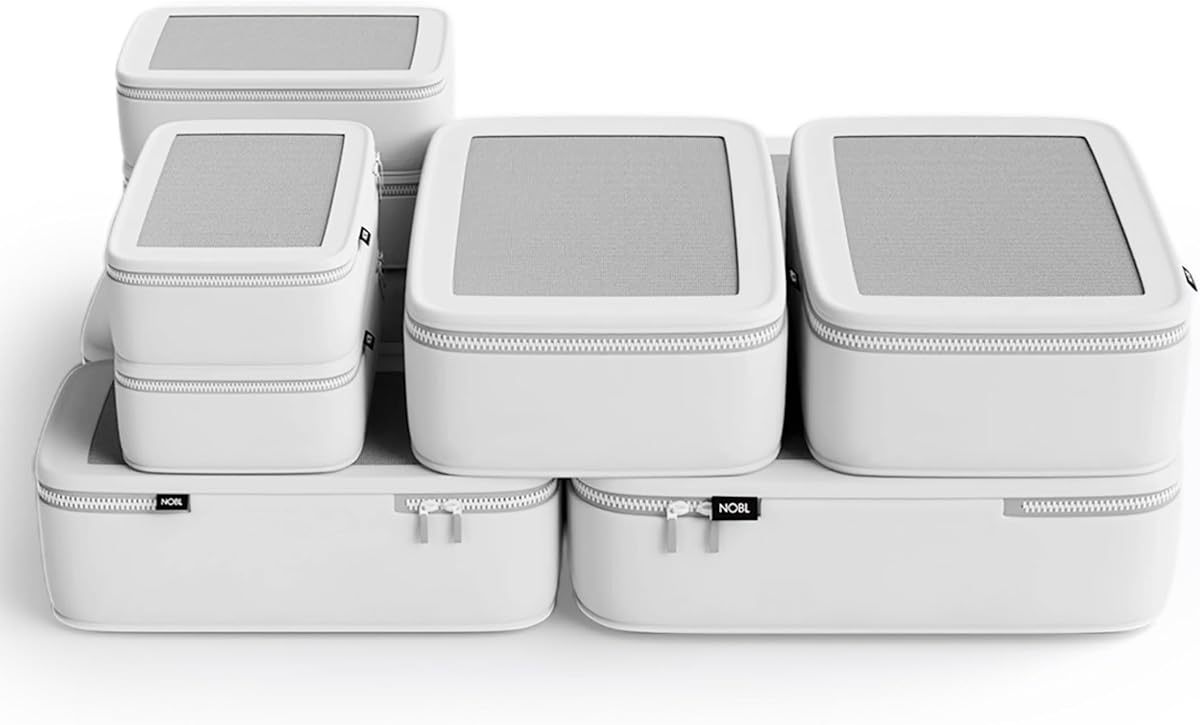 NOBL Travel Compression Packing Cubes Set of 6, Luggage Organizers, Ivory | Compressible Space Saving Cubes for Suitcases & Carry on, Sizes XXS, XS, S, M, L, XL