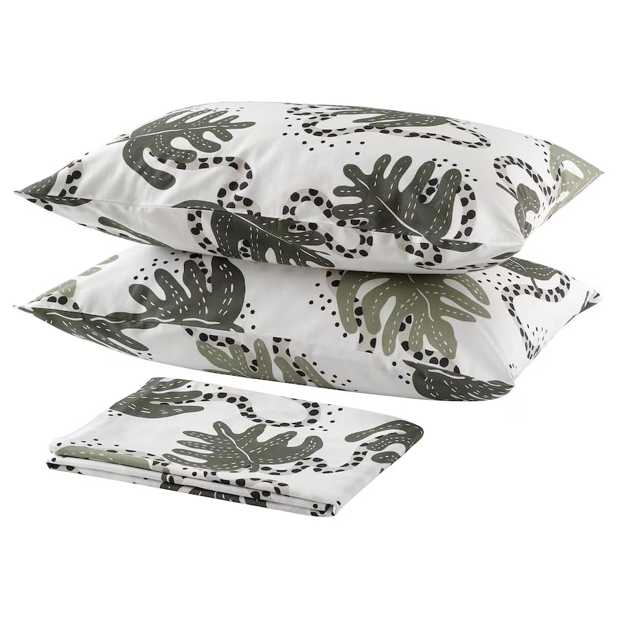 marias kommerce klatterkalla flat sheet and 2 pillowcases, white/green, 240x260/50x80 cm (94x102/20x31 inches)