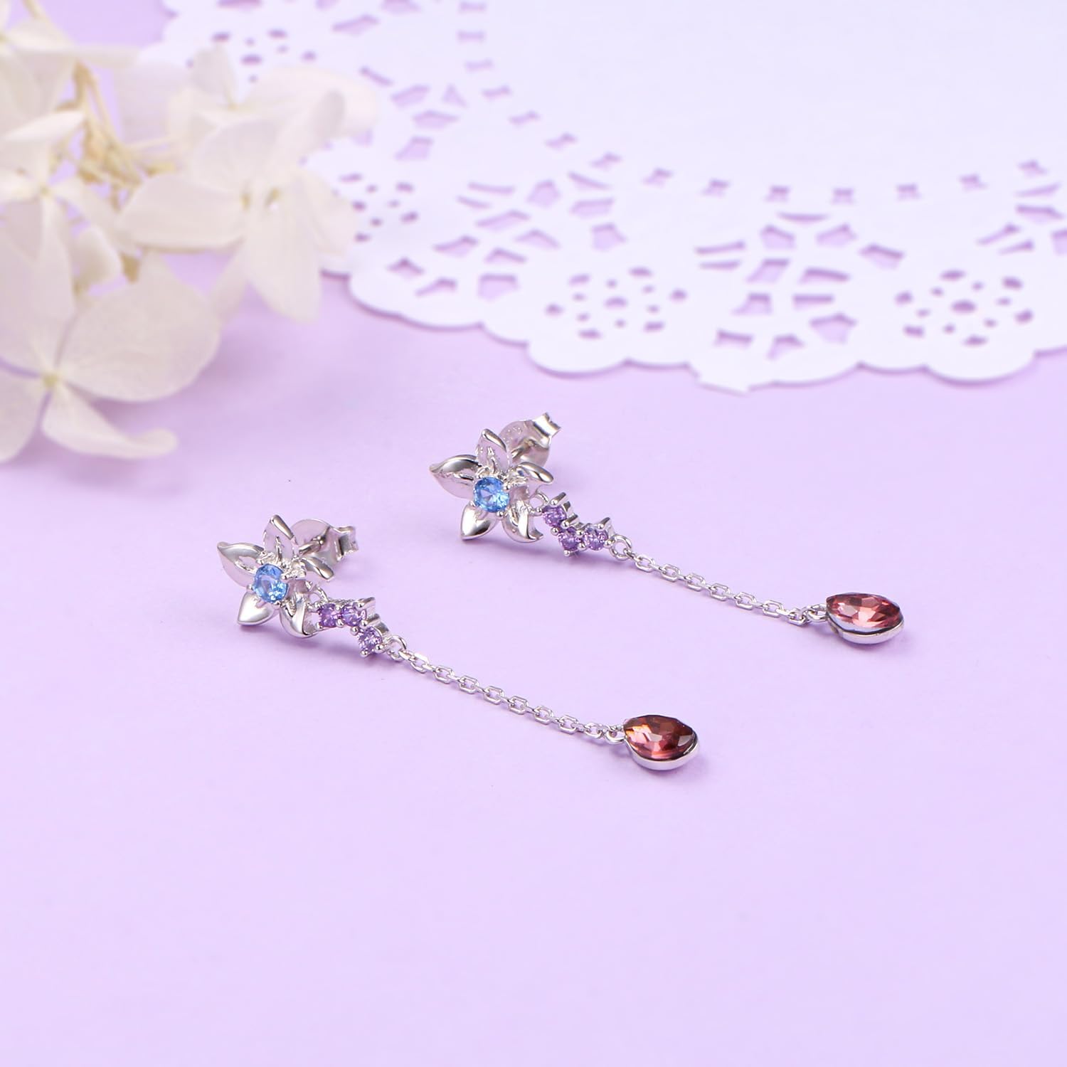 Sterling Silver Threader Earrings with Birthstone Flower earrings dangle Tassel Long Charm Drop Dangle Earrings Jewelry Gifts for Women Girls