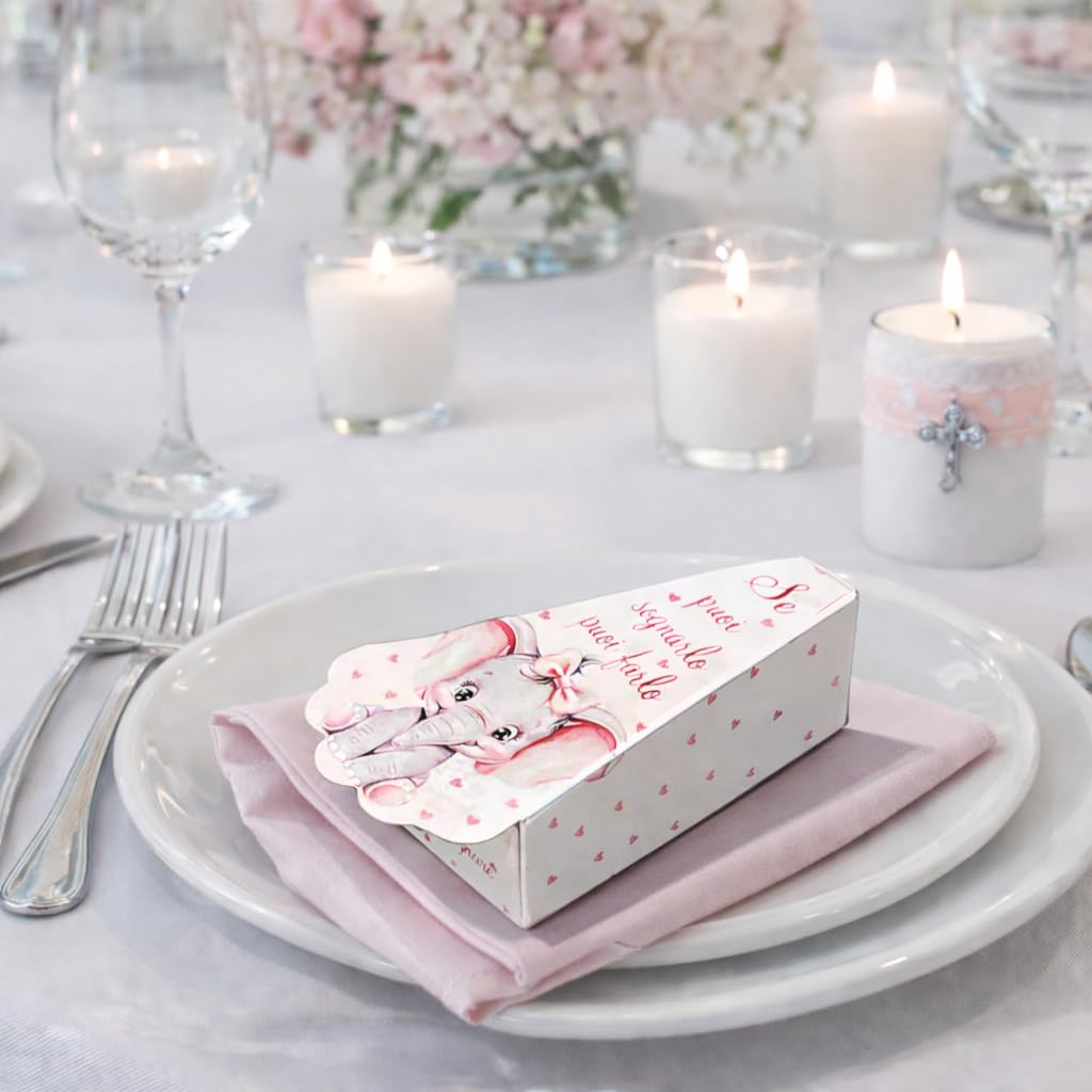 Regalami 25 Scatoline Portaconfetti a Forma di Torta per Battesimo, Comunione o Laurea, Complete di Bigliettino a Tema, Segnaposto e portaconfetti (Battesimo Bimba)