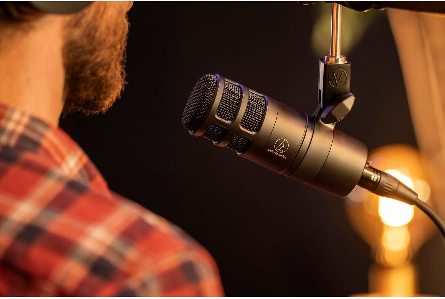 Audio-Technica AT2040 Dynamic Podcast Microphone with StreamEye Boom Arm Mic Stand with Desktop Mount, Detachable Clip, Professional Grade XLR Cable, Microphone Pop Filter, and Cable Ties