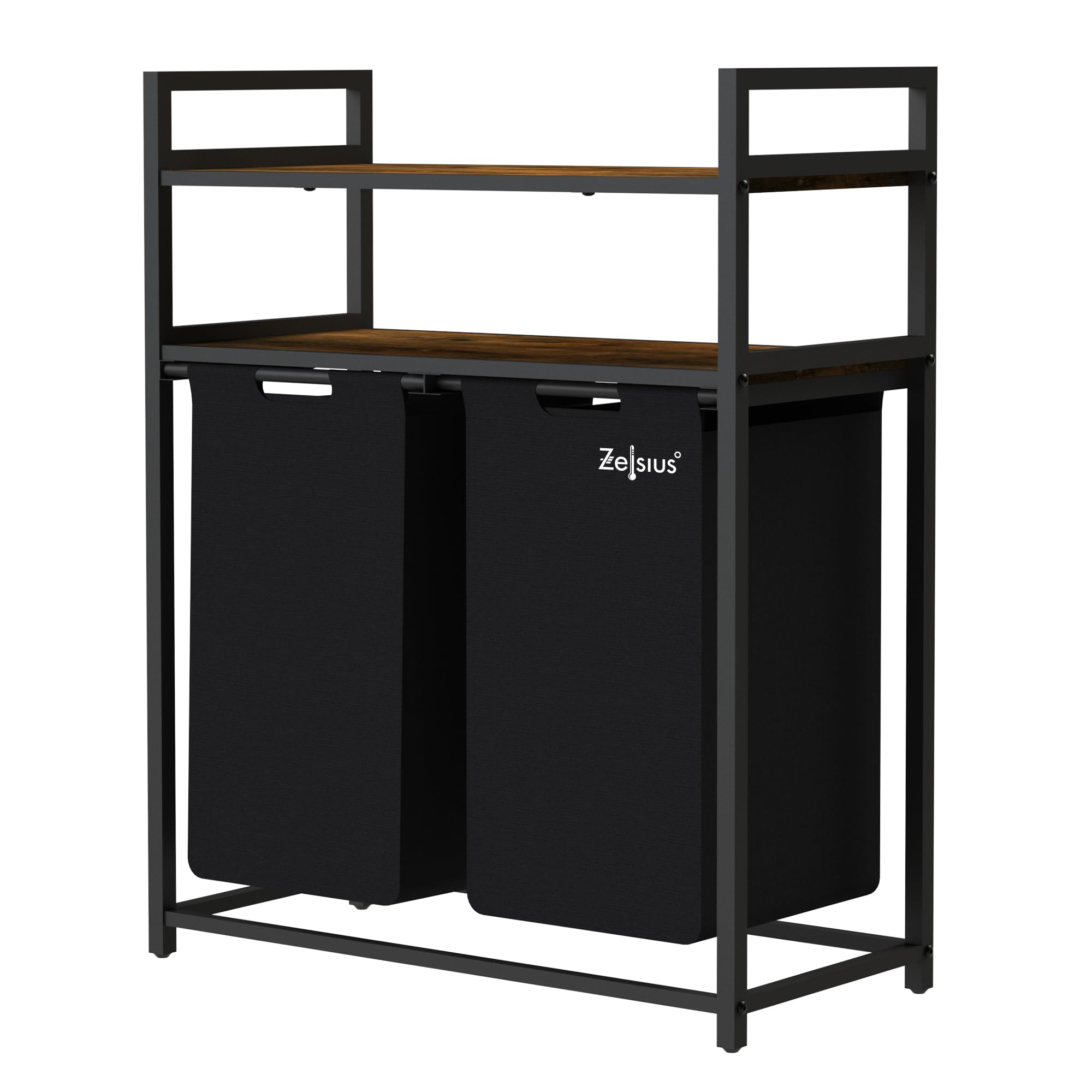 Zelsius Wäschesammler 2 Fächer | Schwarz, 73 x 33 x 91 cm | Wäschekorb mit Ablagen, Schmutzwäschebehälter mit Wäschebeutel | Wäschesortierer, Wäschebox, Wäschesack | Wäschesystem, Waschkorb