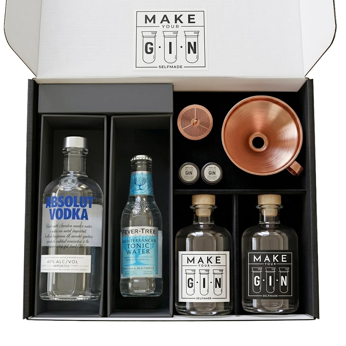 Make Your Gin Geschenkset schwarz -Absolut Vodka, Fever-Tree Mediterranean Tonic Water 500ml + Botanicals - Kopi Luwak von freilebenden Tieren+ Bar Trichter + Anleitung mit Rezept + 6x Longdrinkglas