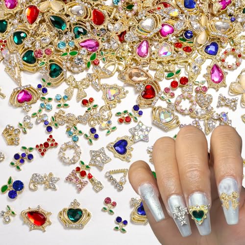 ZUMILLMN 20Pcs Gold Nail Charms and Gems Charms for Nails Design Gold Charms for Nails Metal Bow Cherry Butterfly Heart Star and Crown（Gold）